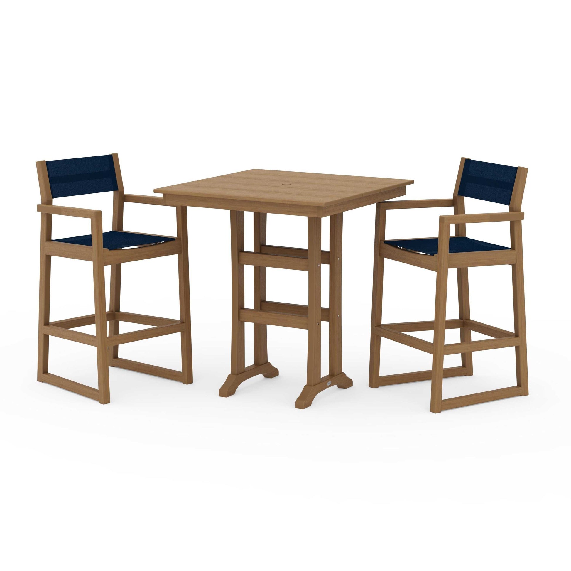 POLYWOOD EDGE Sling Arm Chair 3-Piece Farmhouse Bar Set with Trestle Legs — Natural / Navy Blue Sling