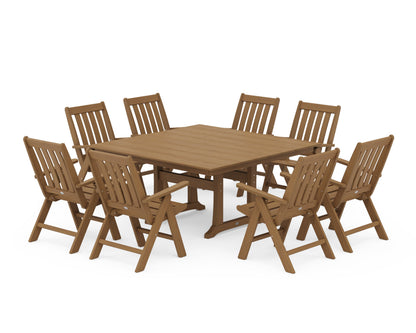POLYWOOD Vineyard Folding Chair 9-Piece Square Farmhouse Dining Set with Trestle Legs — Natural