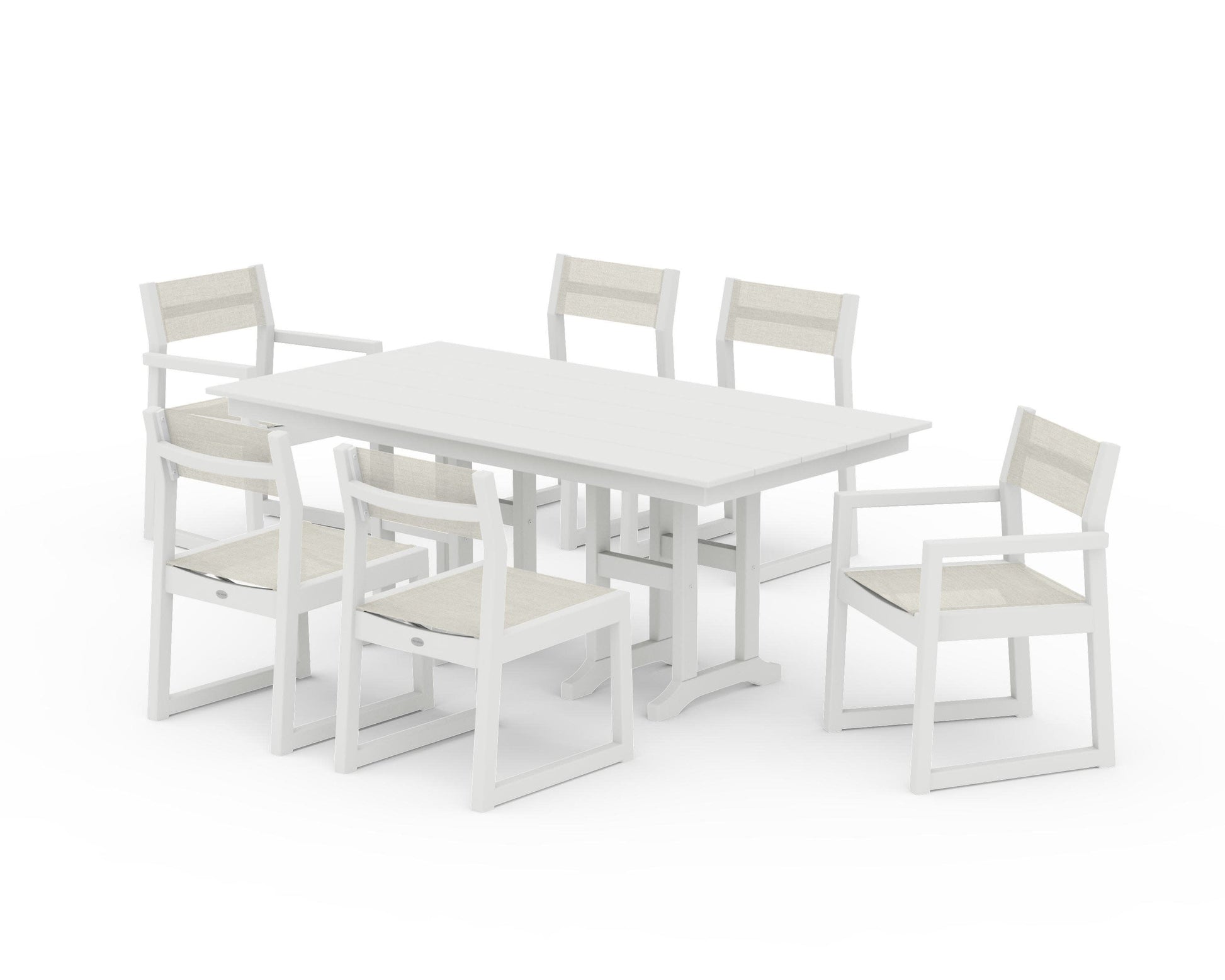 POLYWOOD EDGE Sling 7-Piece Farmhouse Dining Set — Vintage White / Parchment Sling