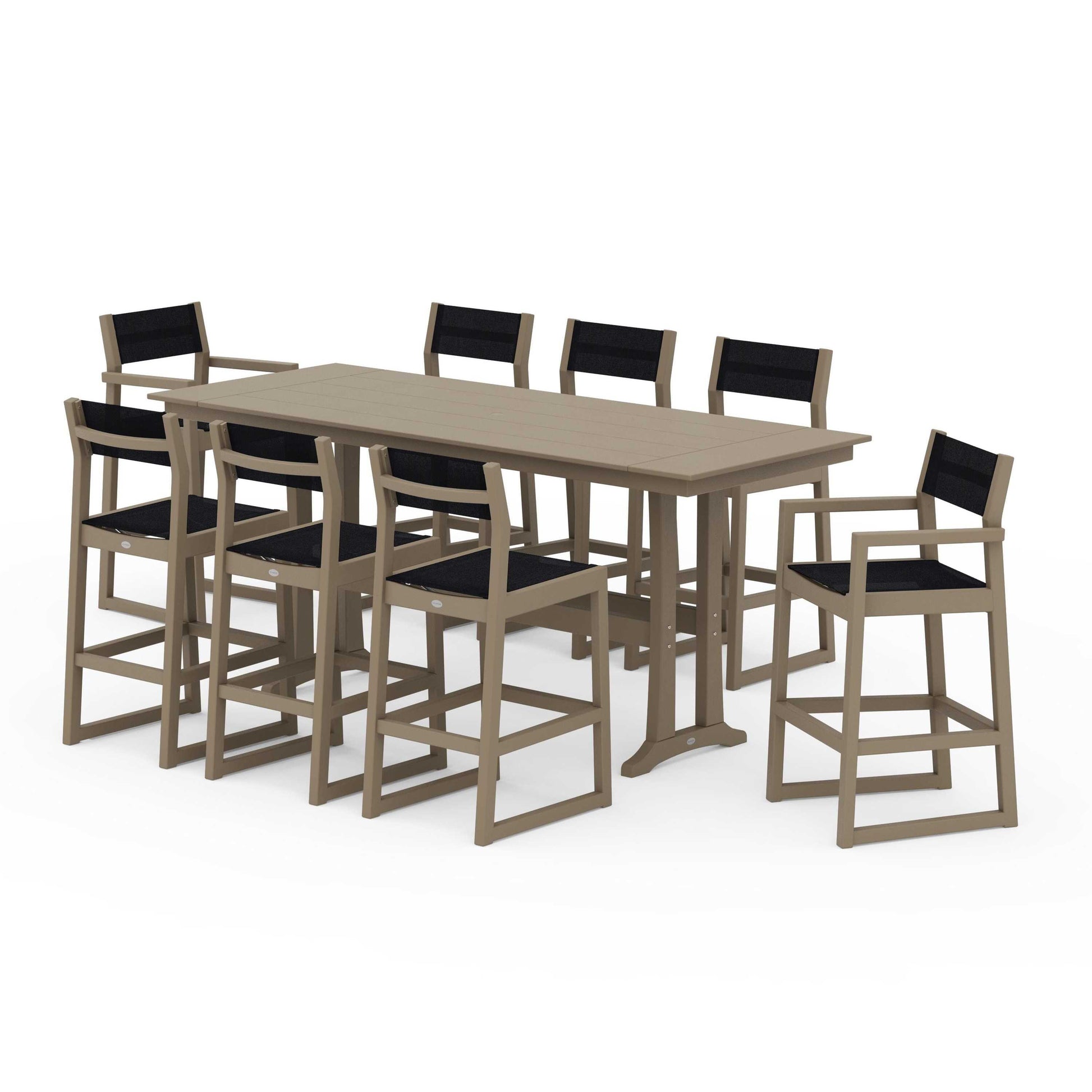 POLYWOOD EDGE Sling 9-Piece Farmhouse Bar Set with Trestle Legs — Vintage Sahara / Black Sling