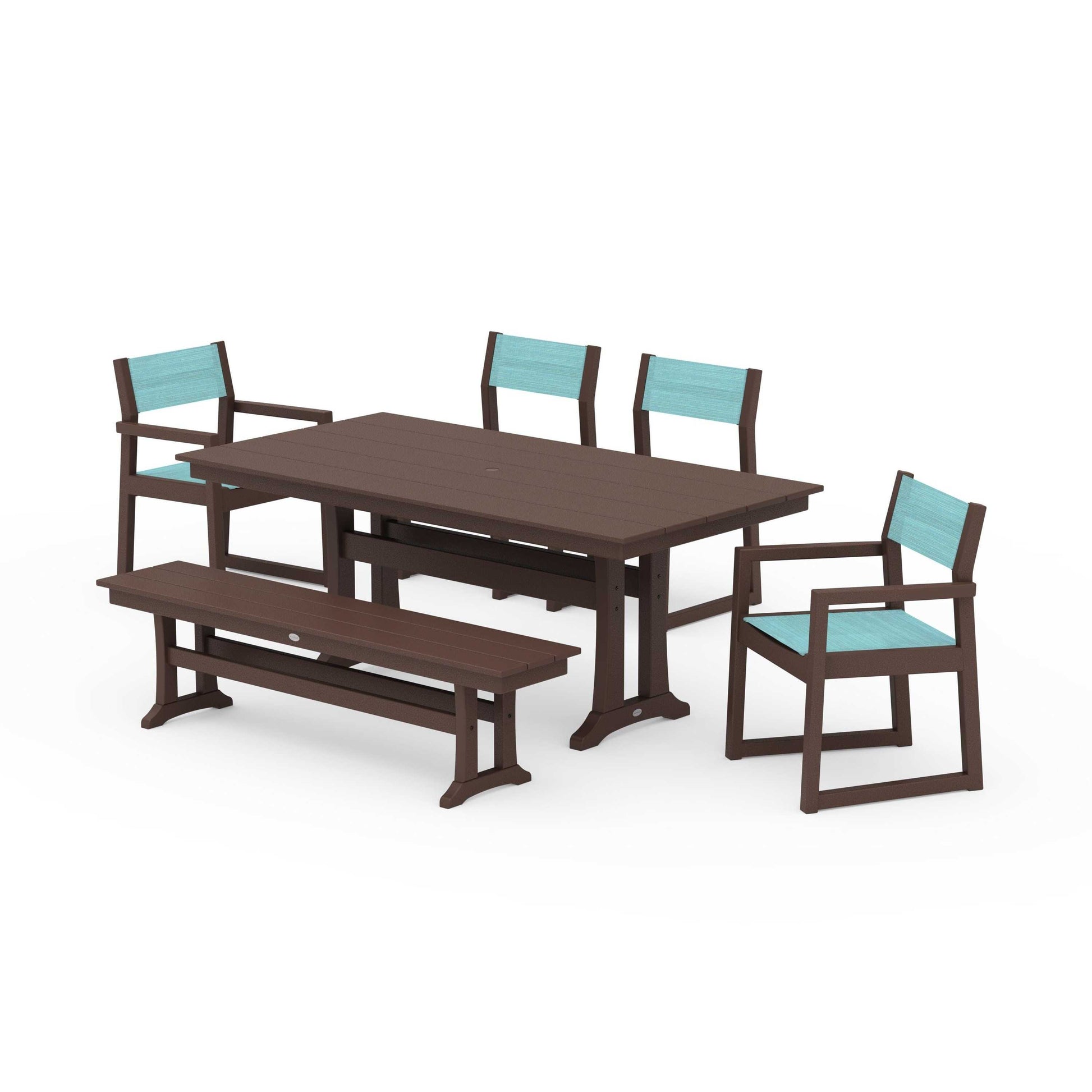 POLYWOOD EDGE Sling 6-Piece Farmhouse Dining Set With Trestle Legs — Mahogany / Dupioni Aquamarine Sling