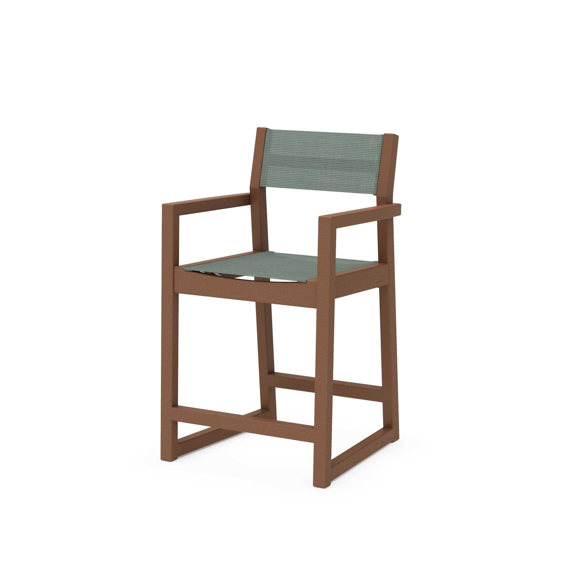POLYWOOD EDGE Sling Counter Arm Chair — Teak / Dupioni Sea Mist Sling
