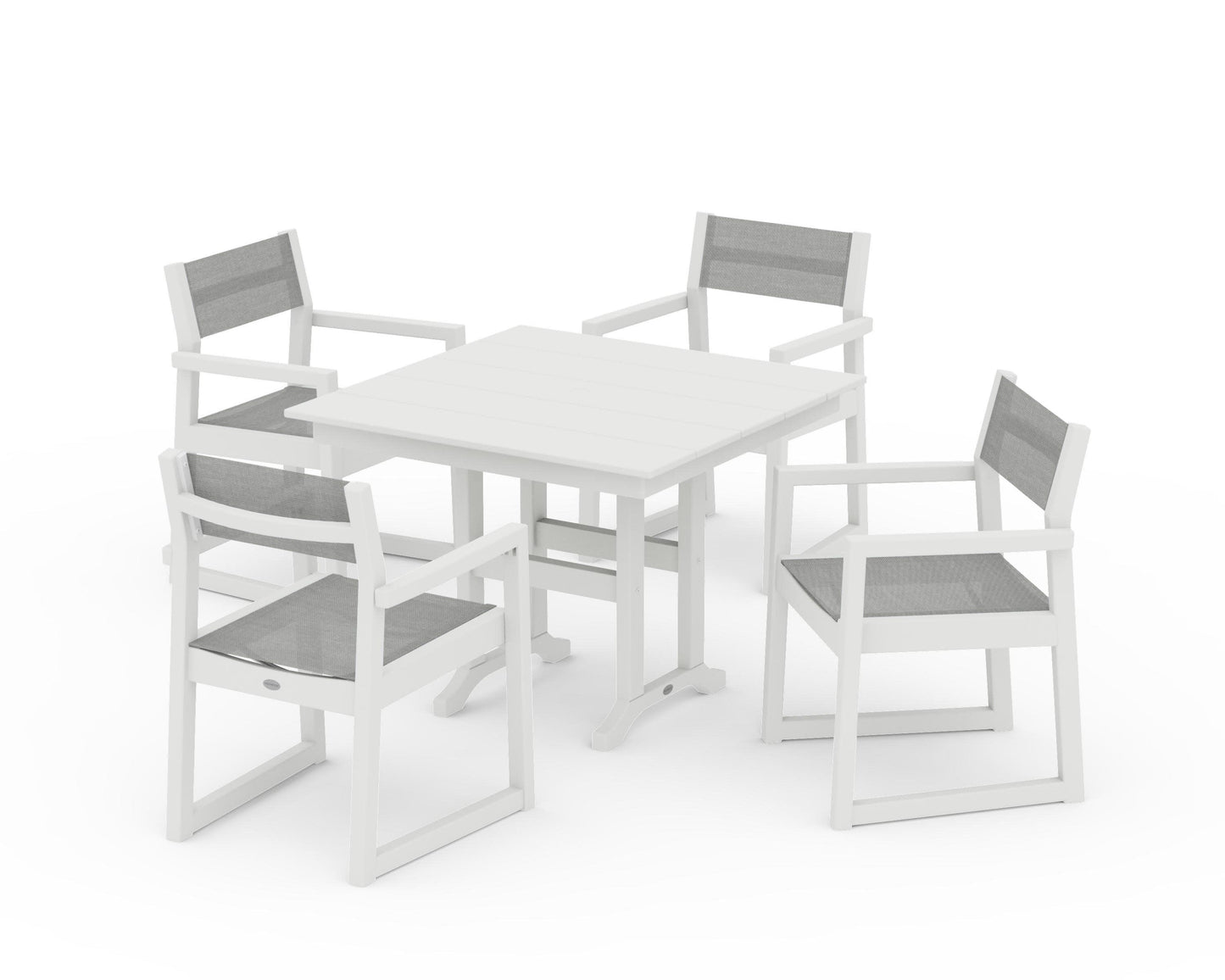POLYWOOD EDGE Sling Arm Chair 5-Piece Farmhouse Dining Set — Vintage White / Metallic Sling