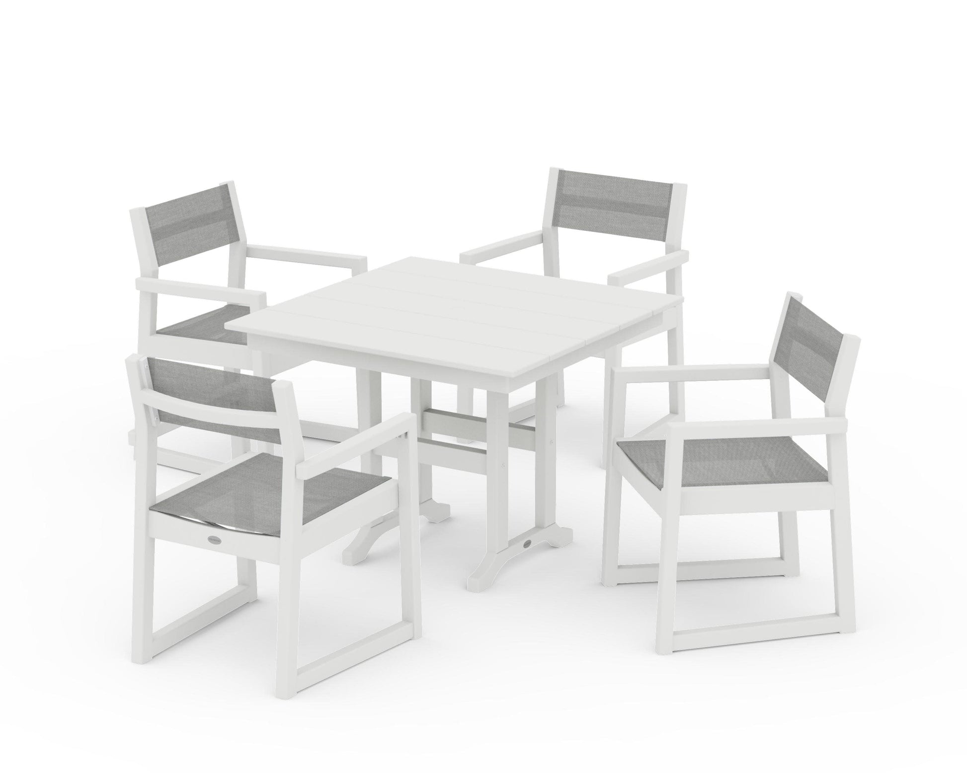 POLYWOOD EDGE Sling Arm Chair 5-Piece Farmhouse Dining Set — Vintage White / Metallic Sling