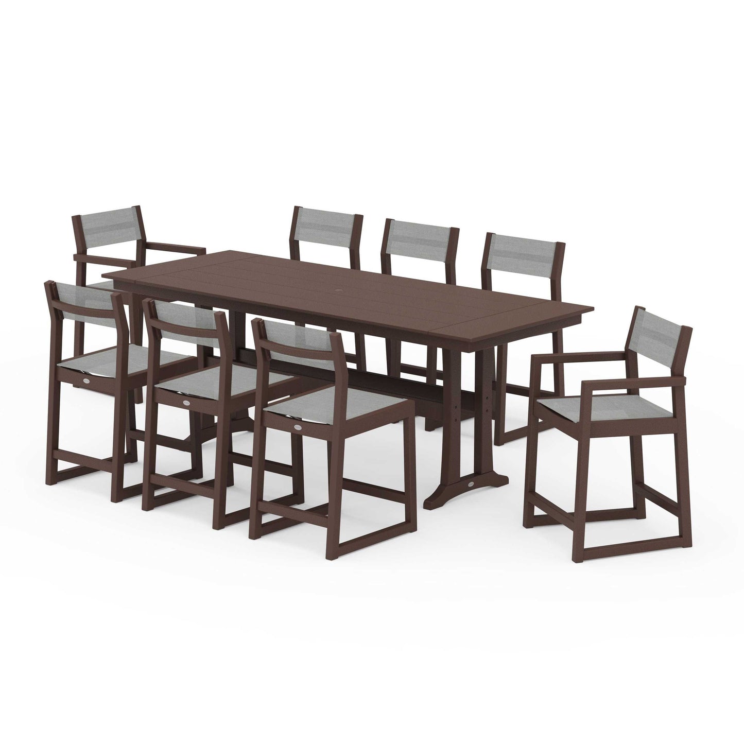 POLYWOOD EDGE Sling 9-Piece Farmhouse Counter Set with Trestle Legs — Mahogany / Metallic Sling