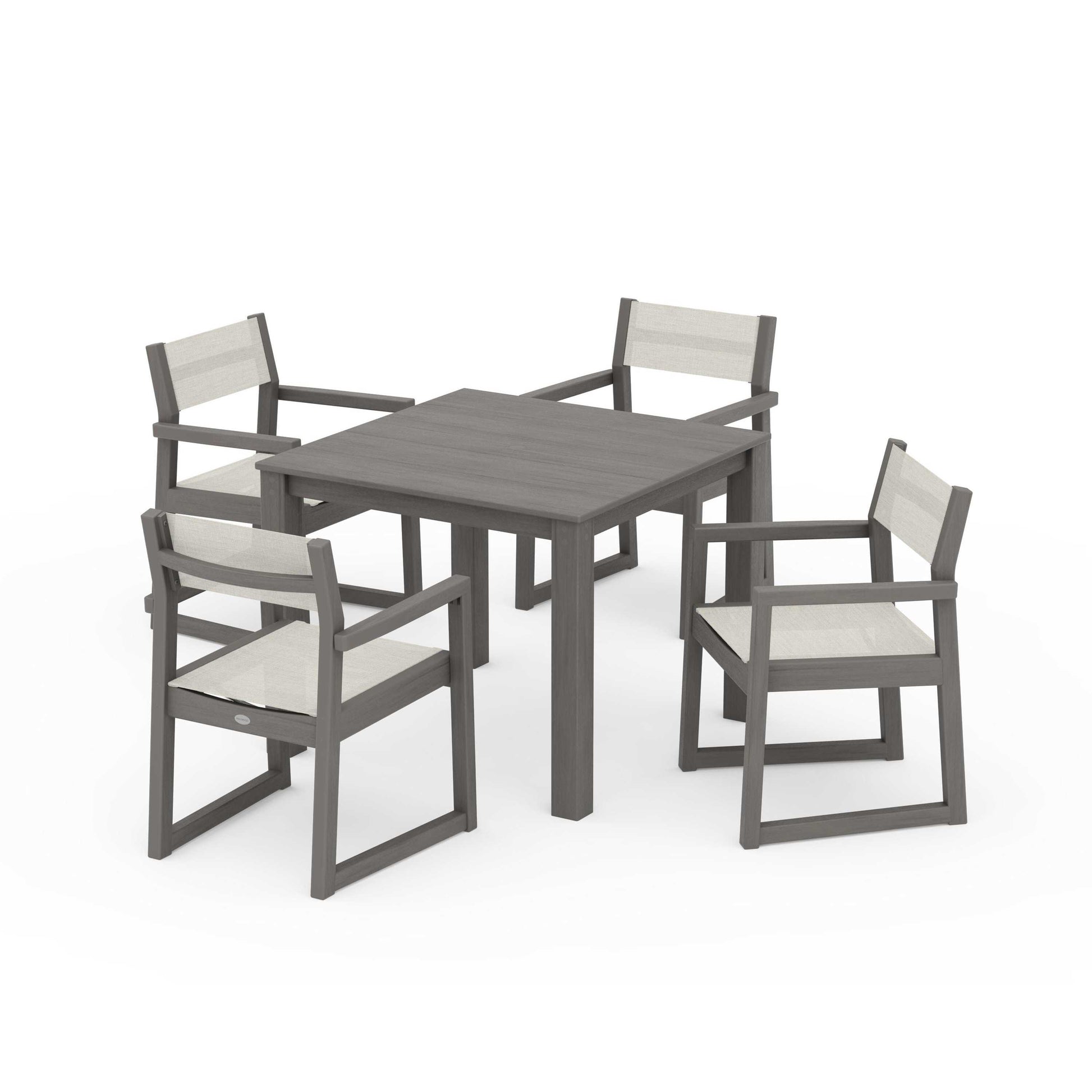 POLYWOOD EDGE Sling Arm Chair 5-Piece Parsons Dining Set — Driftwood / Parchment Sling