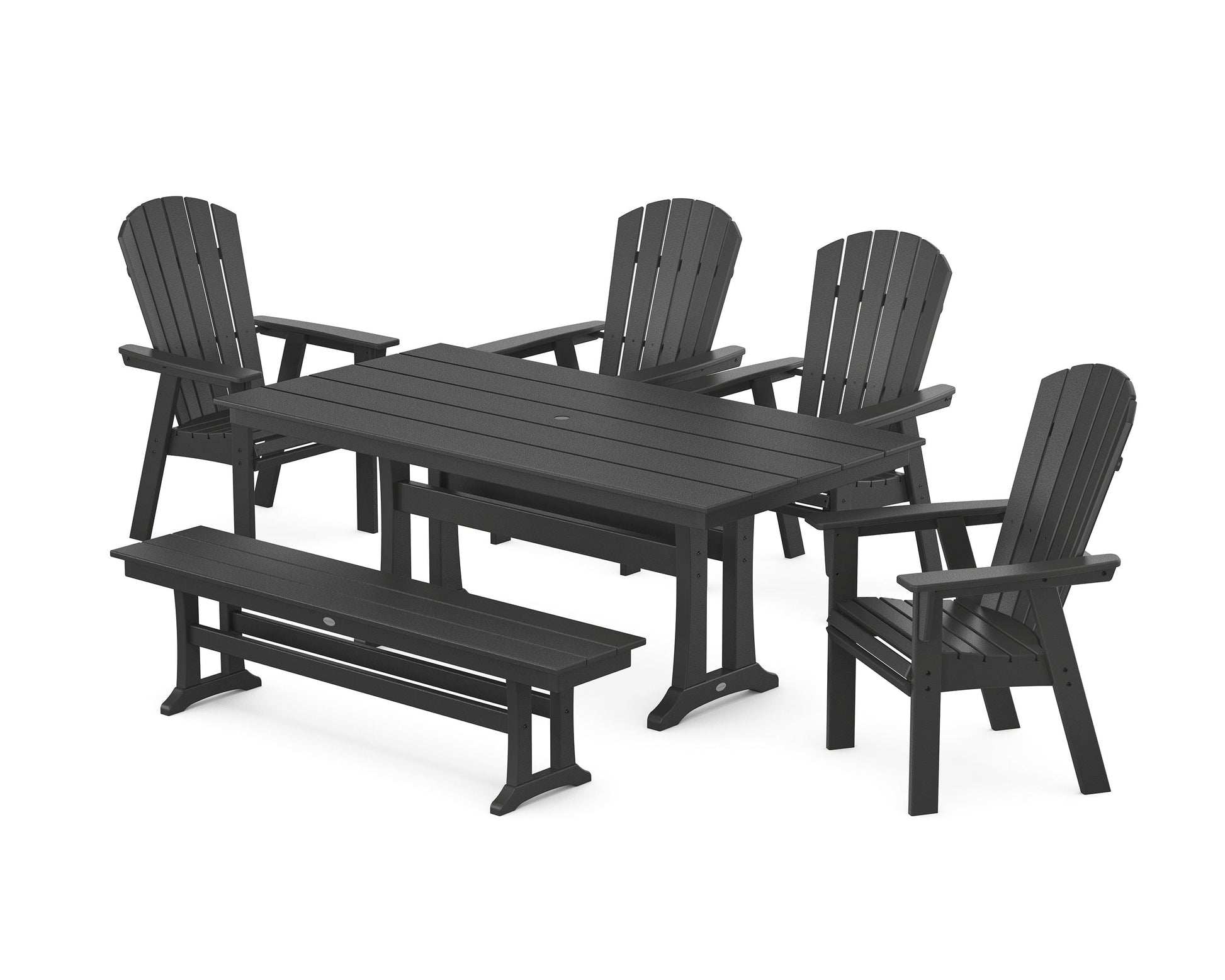 POLYWOOD Nautical Curveback Adirondack 6-Piece Farmhouse Dining Set with Trestle Legs and Bench — Black