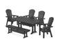 POLYWOOD Nautical Curveback Adirondack 6-Piece Farmhouse Dining Set with Trestle Legs and Bench — Black