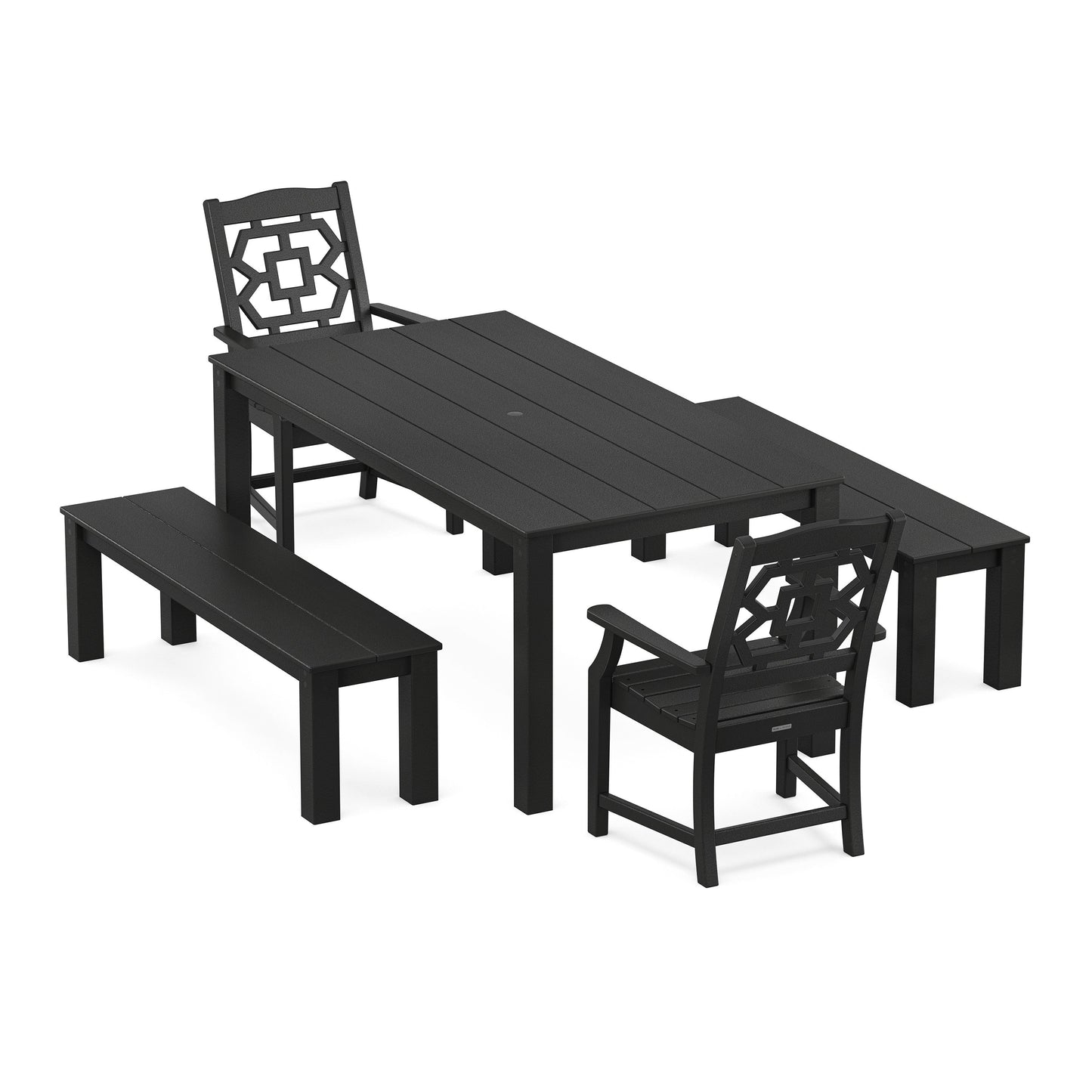 POLYWOOD Chinoiserie 5-Piece Parsons Dining Set with Benches — Black