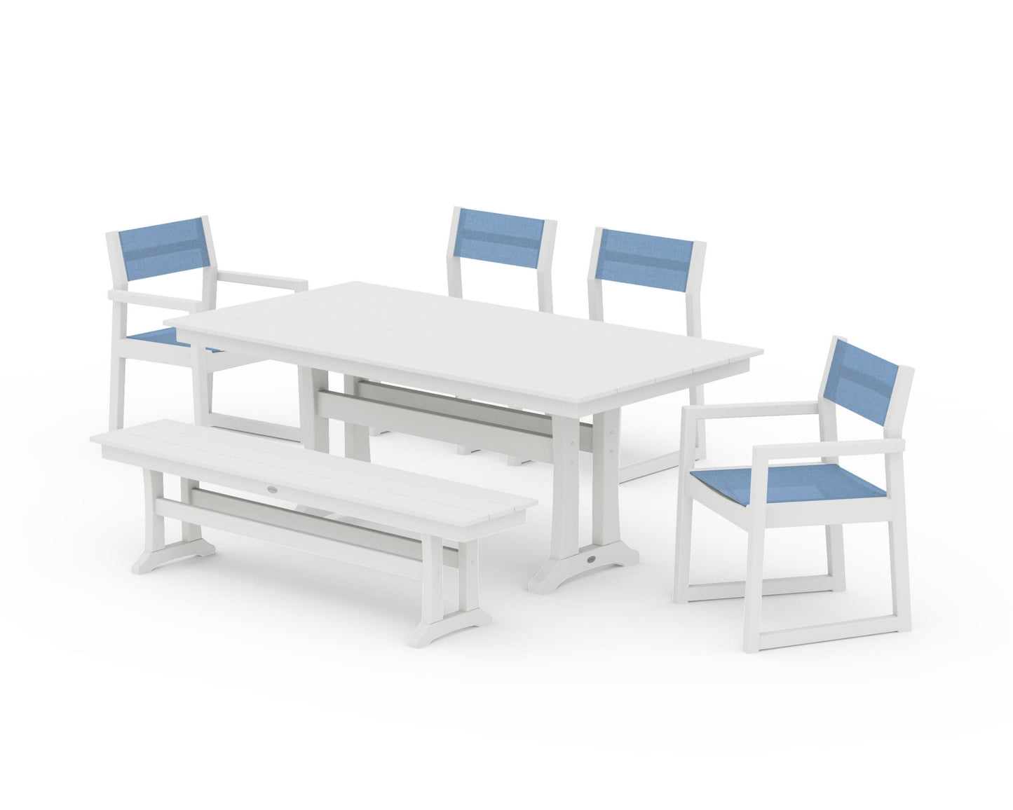 POLYWOOD EDGE Sling 6-Piece Farmhouse Dining Set With Trestle Legs — Vintage White / Poolside Sling