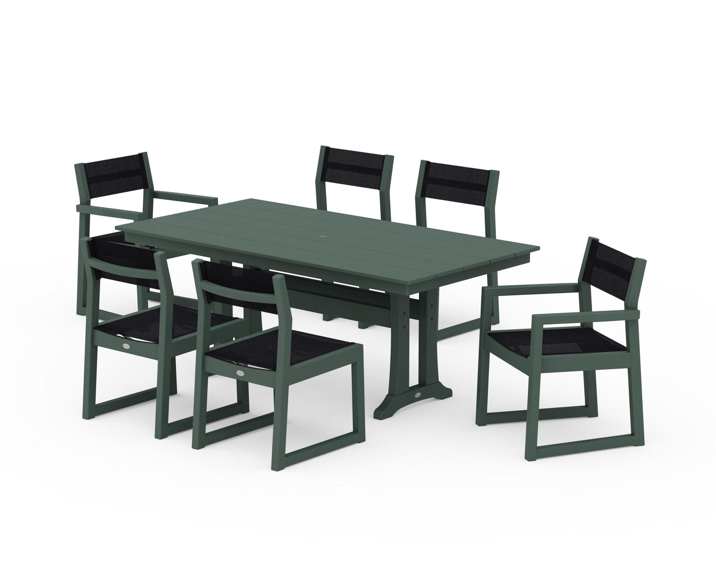 POLYWOOD EDGE Sling 7-Piece Farmhouse Trestle Dining Set — Green / Black Sling