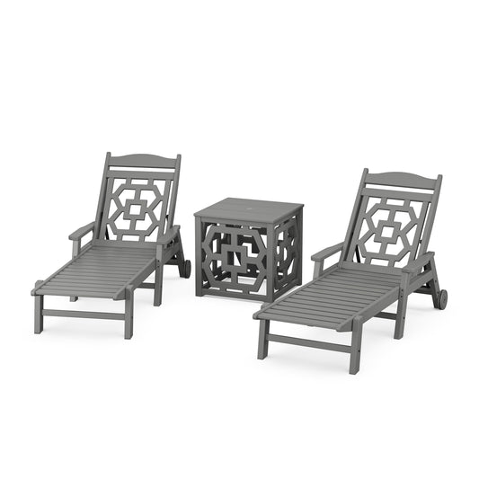 POLYWOOD Chinoiserie 3-Piece Chaise Set with Umbrella Stand Accent Table — Slate Grey