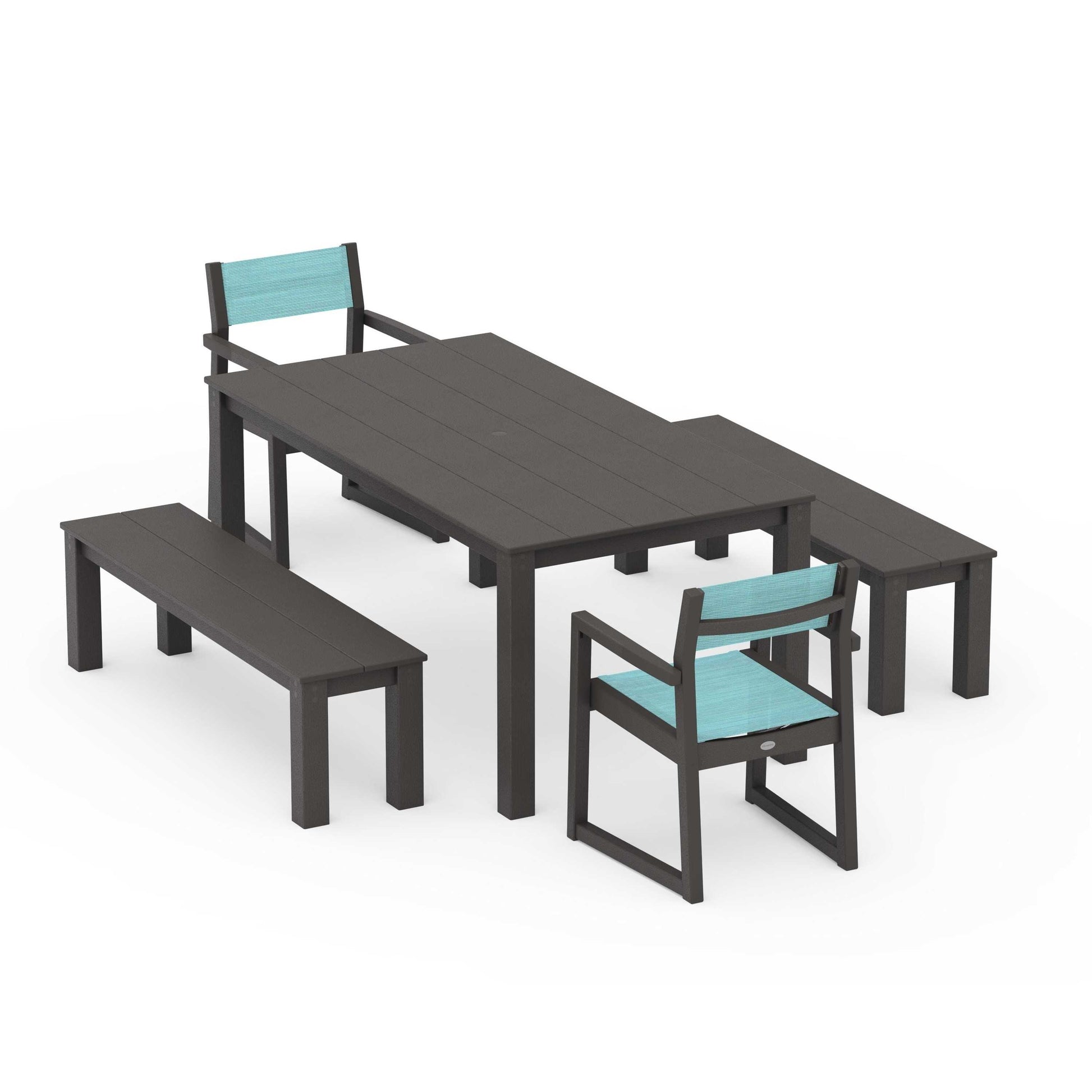 POLYWOOD EDGE Sling Arm Chair 5-Piece Parsons Dining Set with Benches — Vintage Coffee / Dupioni Aquamarine Sling