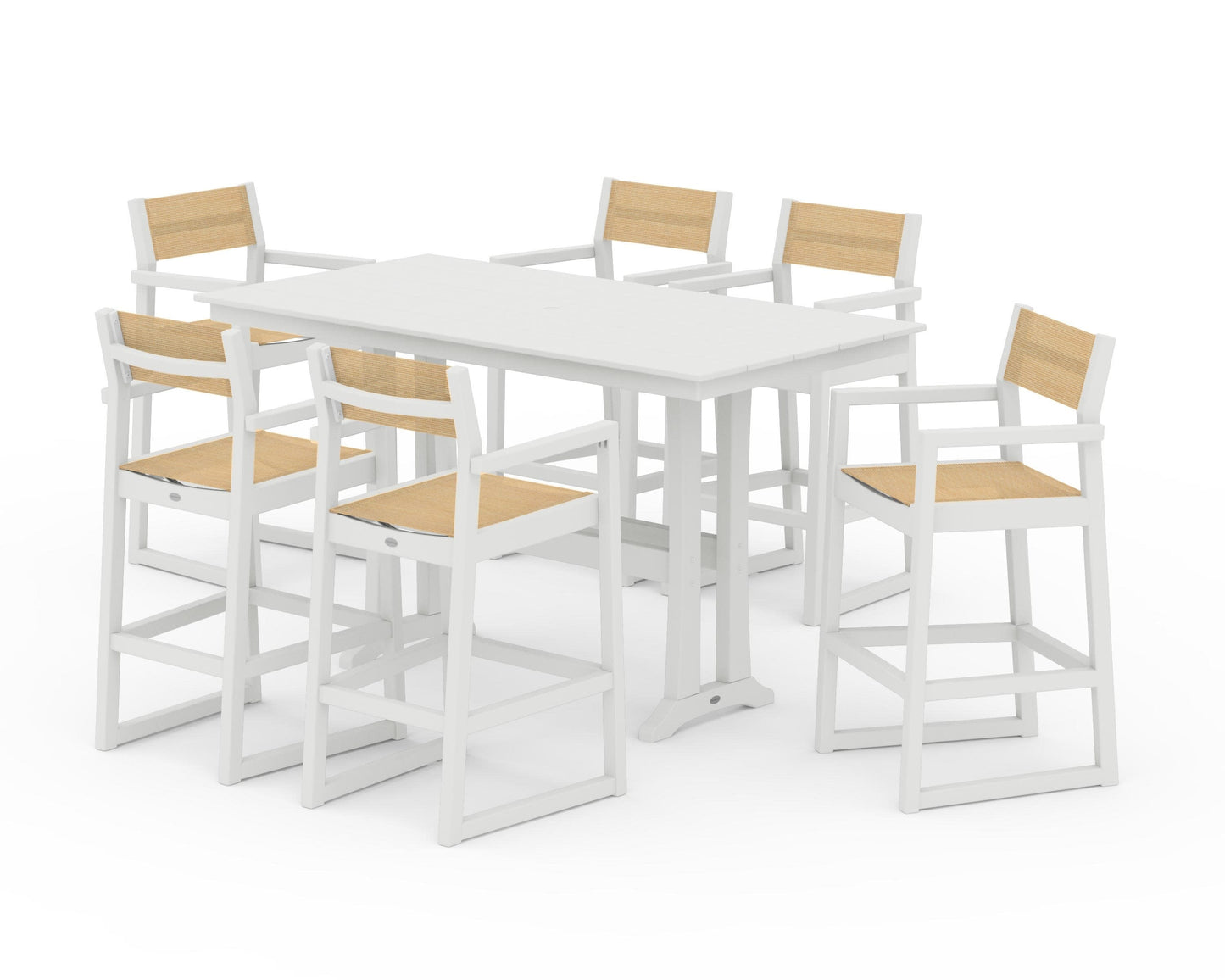POLYWOOD EDGE Sling Arm Chair 7-Piece Farmhouse Bar Set with Trestle Legs — Vintage White / Dupioni Apricot Sling