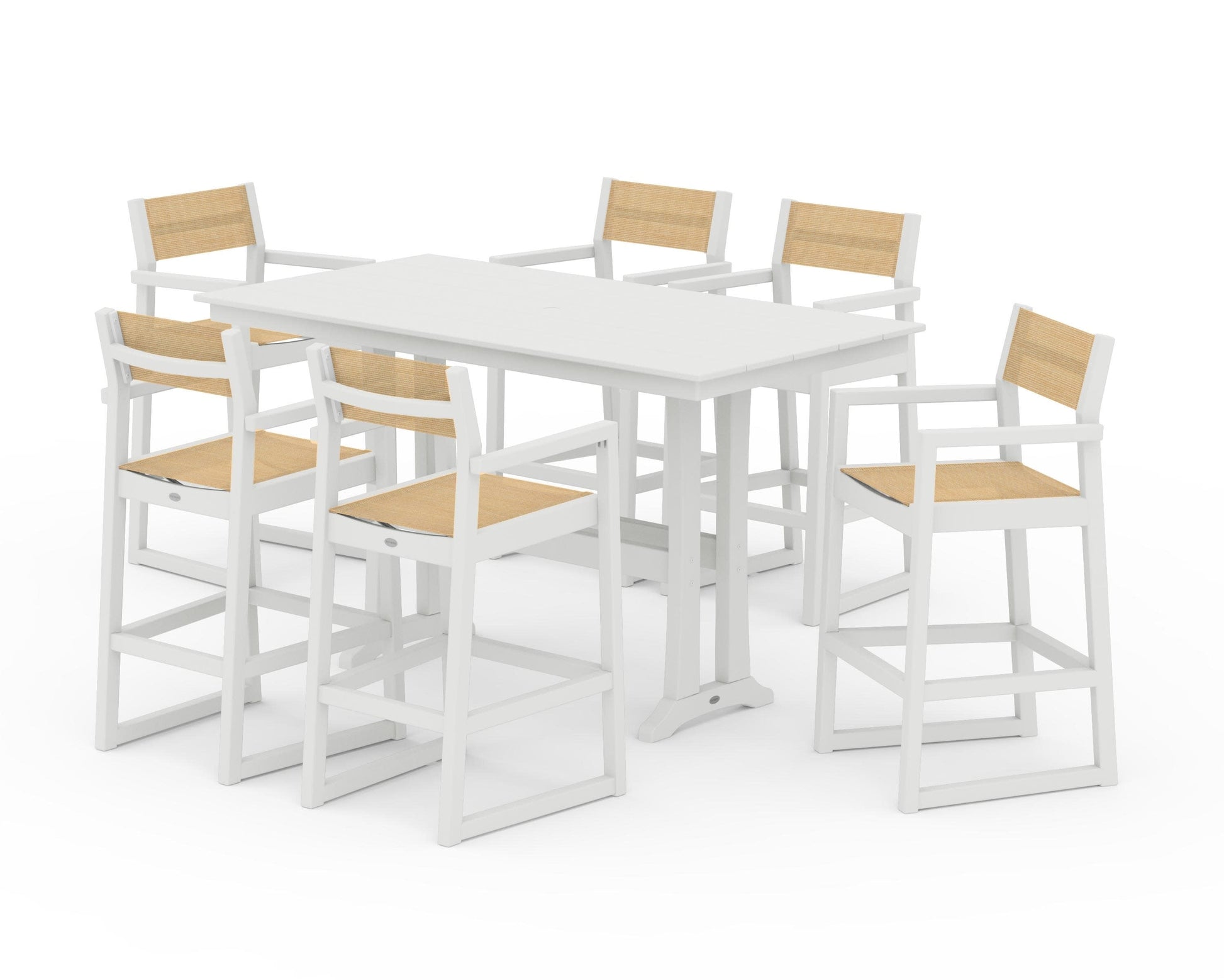 POLYWOOD EDGE Sling Arm Chair 7-Piece Farmhouse Bar Set with Trestle Legs — Vintage White / Dupioni Apricot Sling