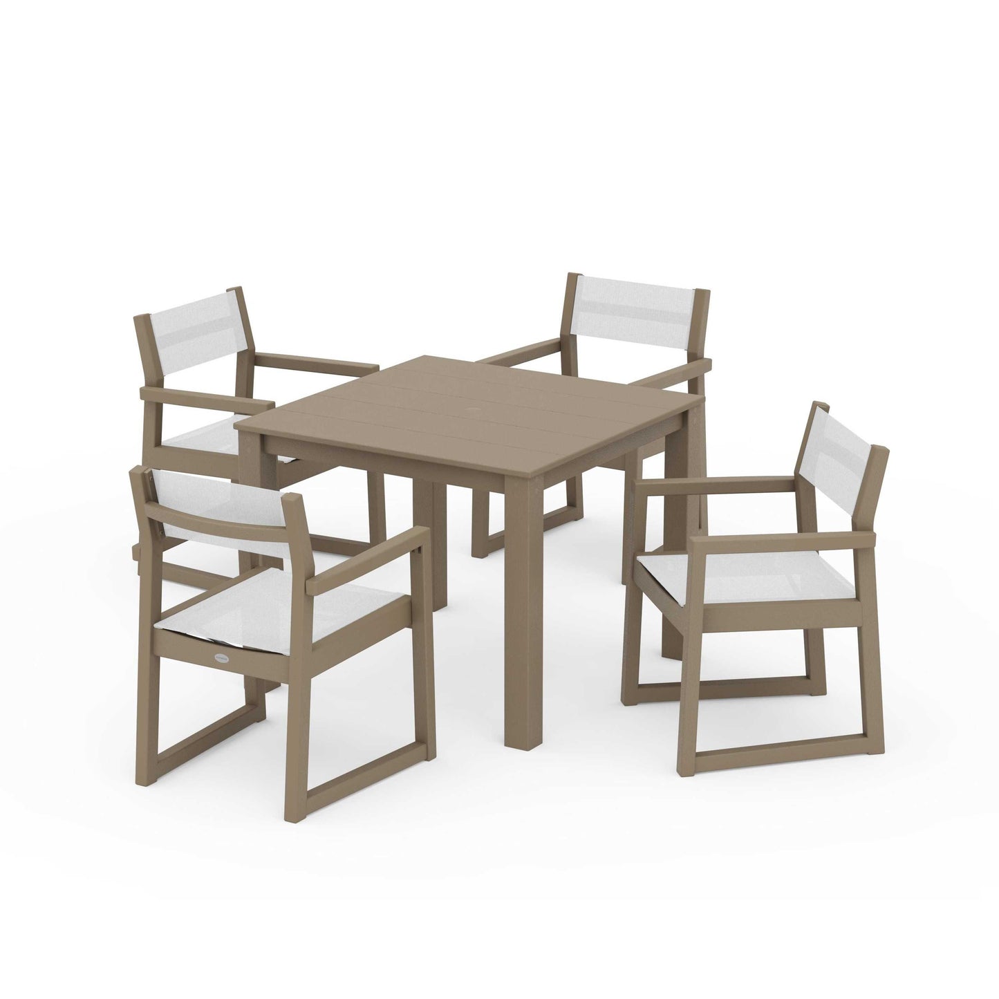 POLYWOOD EDGE Sling Arm Chair 5-Piece Parsons Dining Set — Vintage Sahara / White Sling