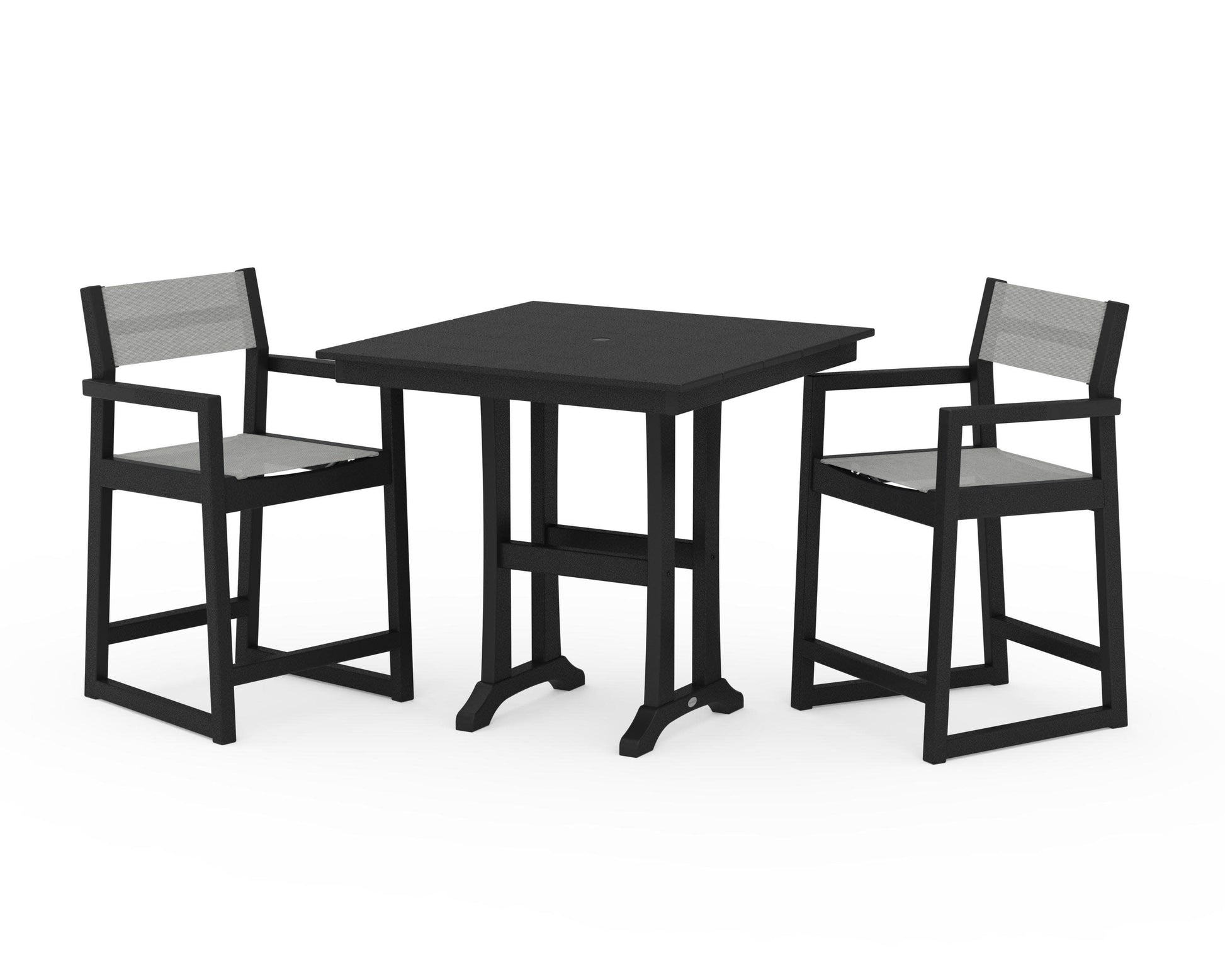 POLYWOOD EDGE Sling Arm Chair 3-Piece Farmhouse Counter Set with Trestle Legs — Black / Metallic Sling