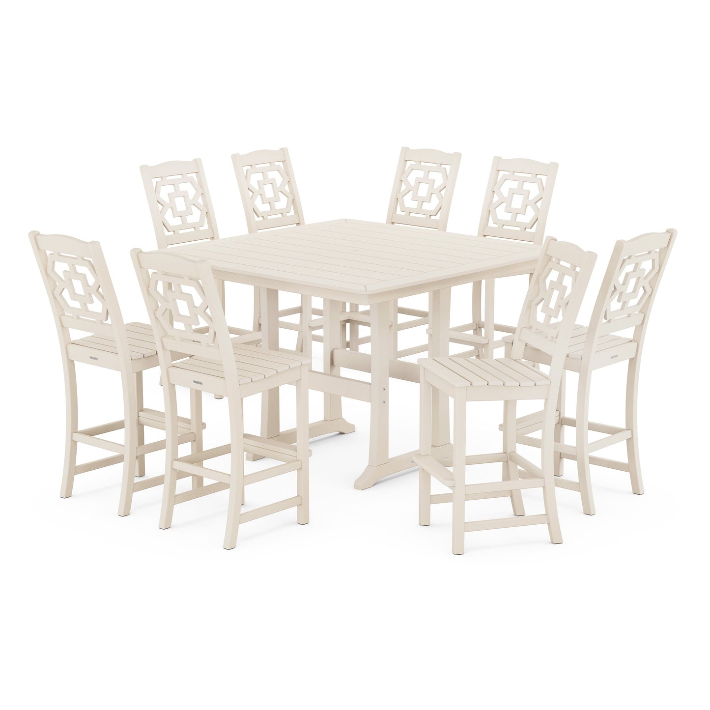 POLYWOOD Chinoiserie 9-Piece Square Side Chair Bar Set with Trestle Legs — Sand