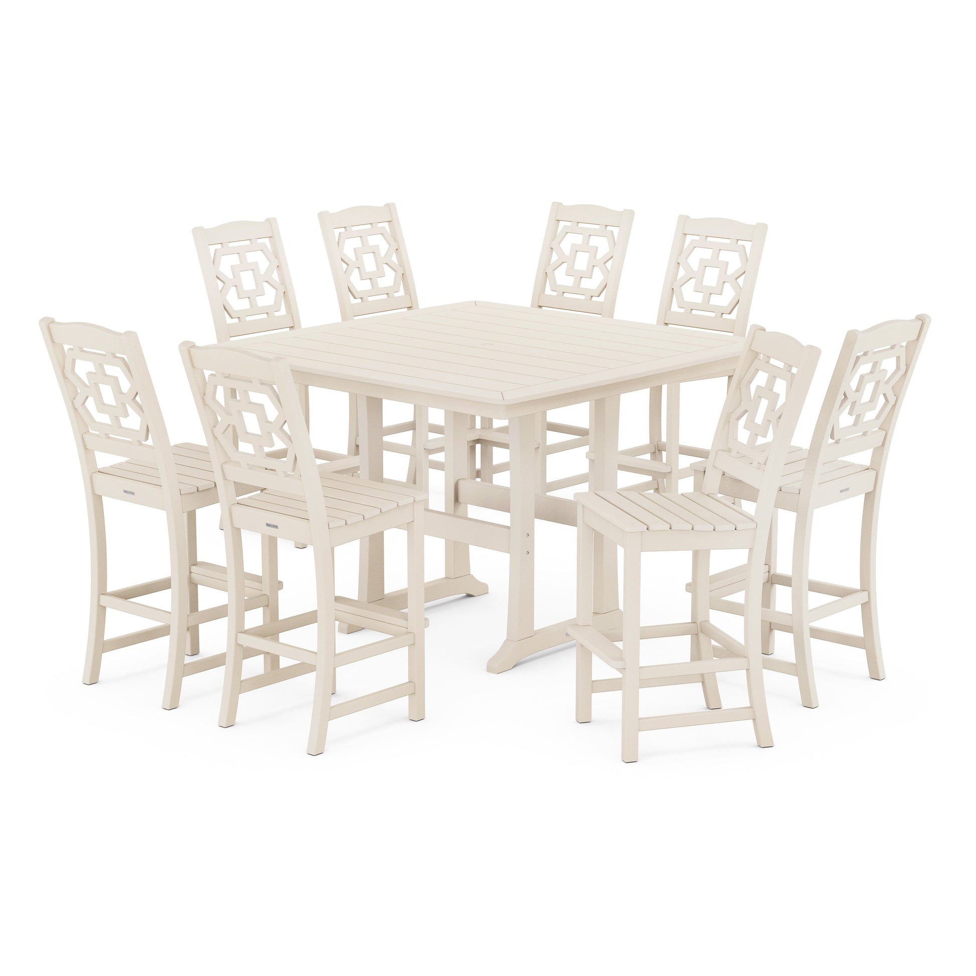 POLYWOOD Chinoiserie 9-Piece Square Side Chair Bar Set with Trestle Legs — Sand