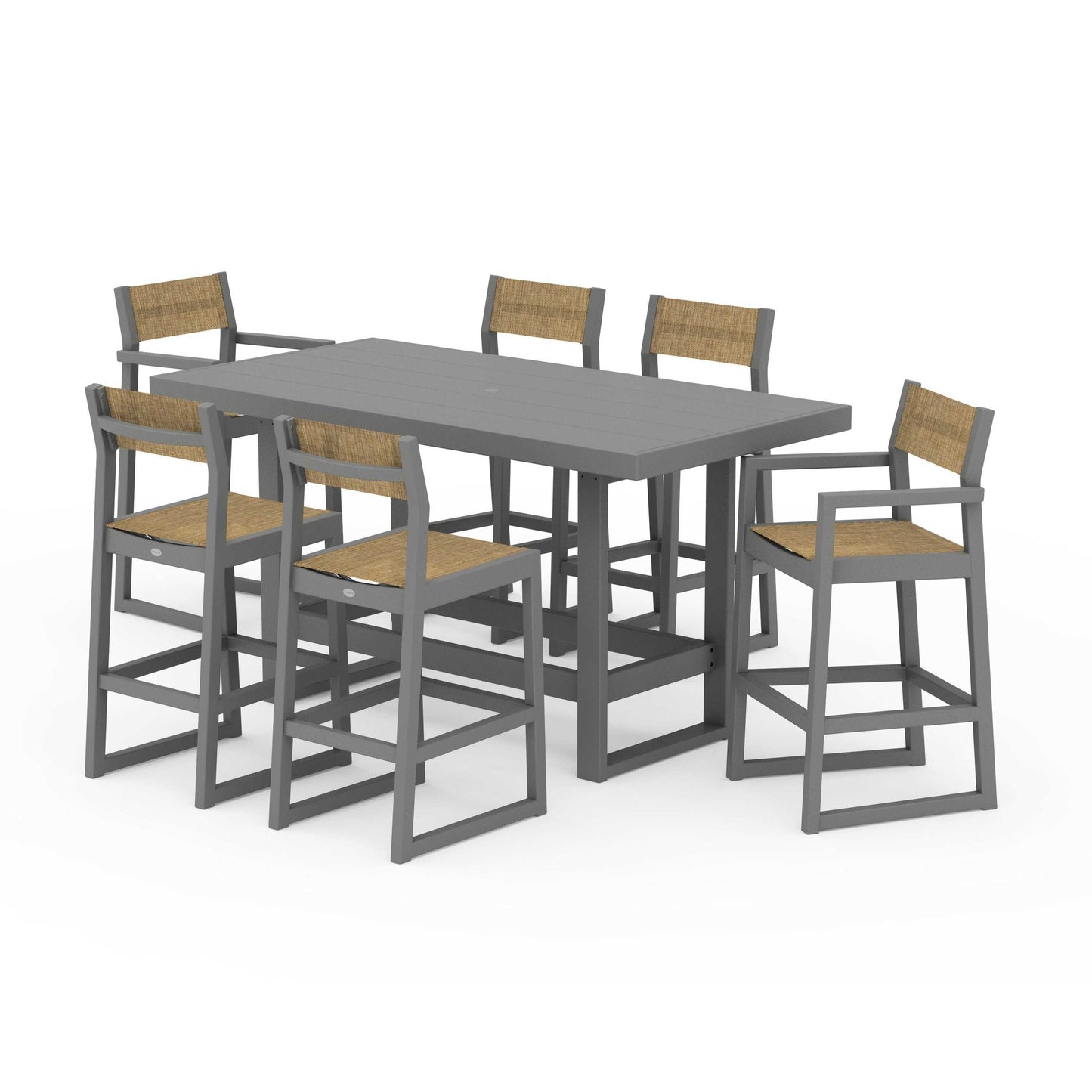 POLYWOOD EDGE Sling 7-Piece Bar Table Set — Slate Grey / Burlap Sling