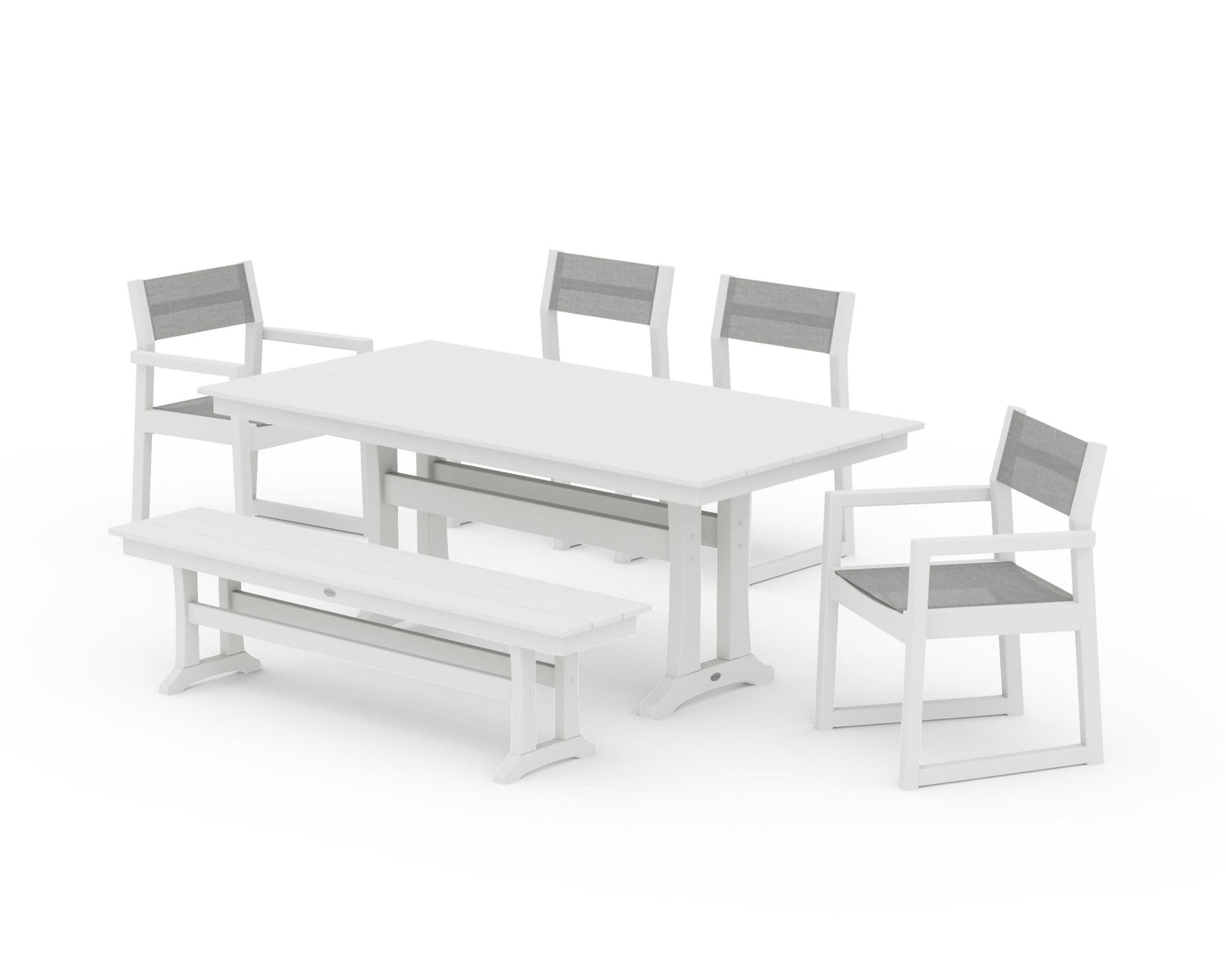 POLYWOOD EDGE Sling 6-Piece Farmhouse Dining Set With Trestle Legs — Vintage White / Metallic Sling