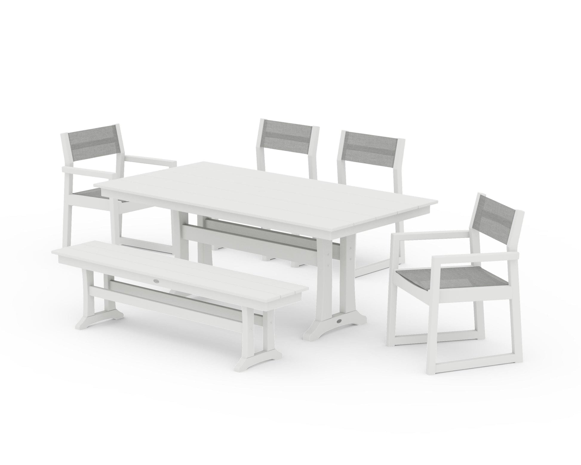 POLYWOOD EDGE Sling 6-Piece Farmhouse Dining Set With Trestle Legs — Vintage White / Metallic Sling