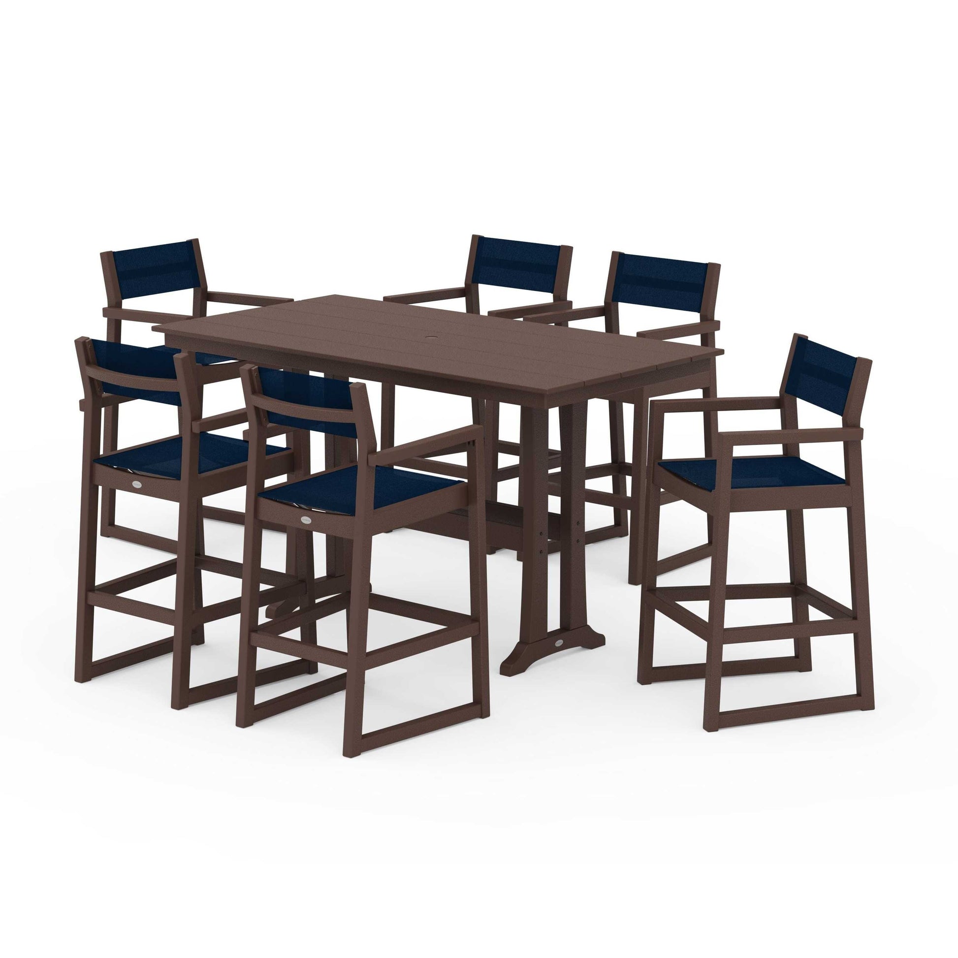 POLYWOOD EDGE Sling Arm Chair 7-Piece Farmhouse Bar Set with Trestle Legs — Mahogany / Navy Blue Sling