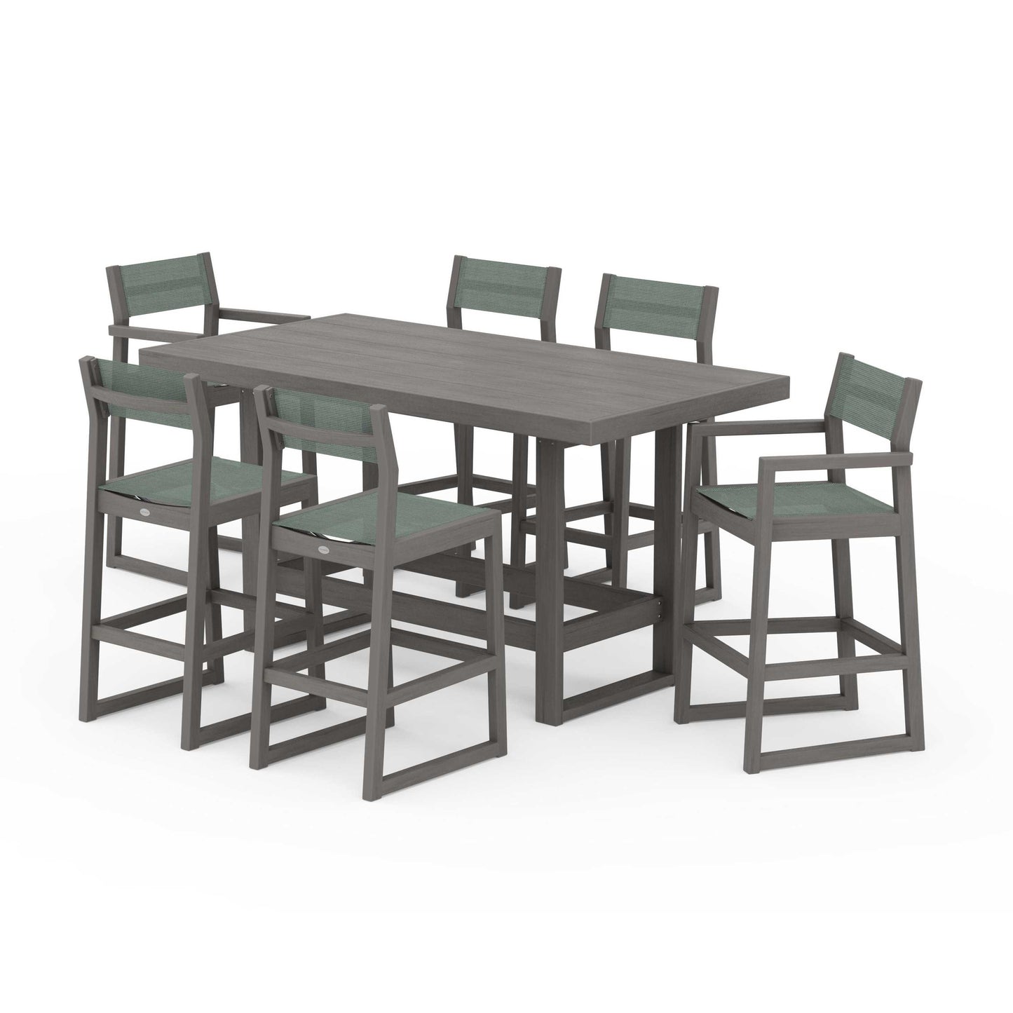 POLYWOOD EDGE Sling 7-Piece Bar Table Set — Driftwood / Dupioni Sea Mist Sling