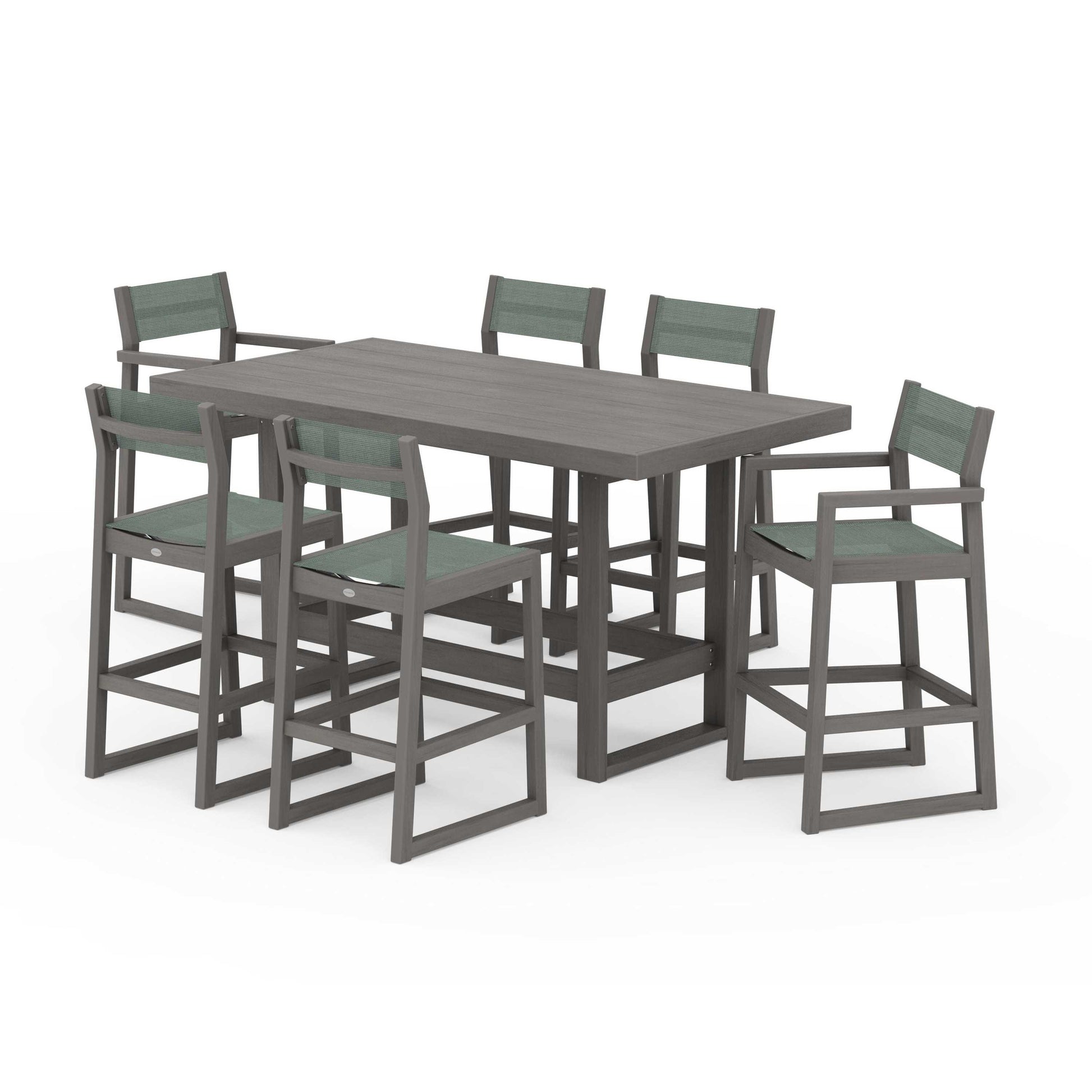 POLYWOOD EDGE Sling 7-Piece Bar Table Set — Driftwood / Dupioni Sea Mist Sling