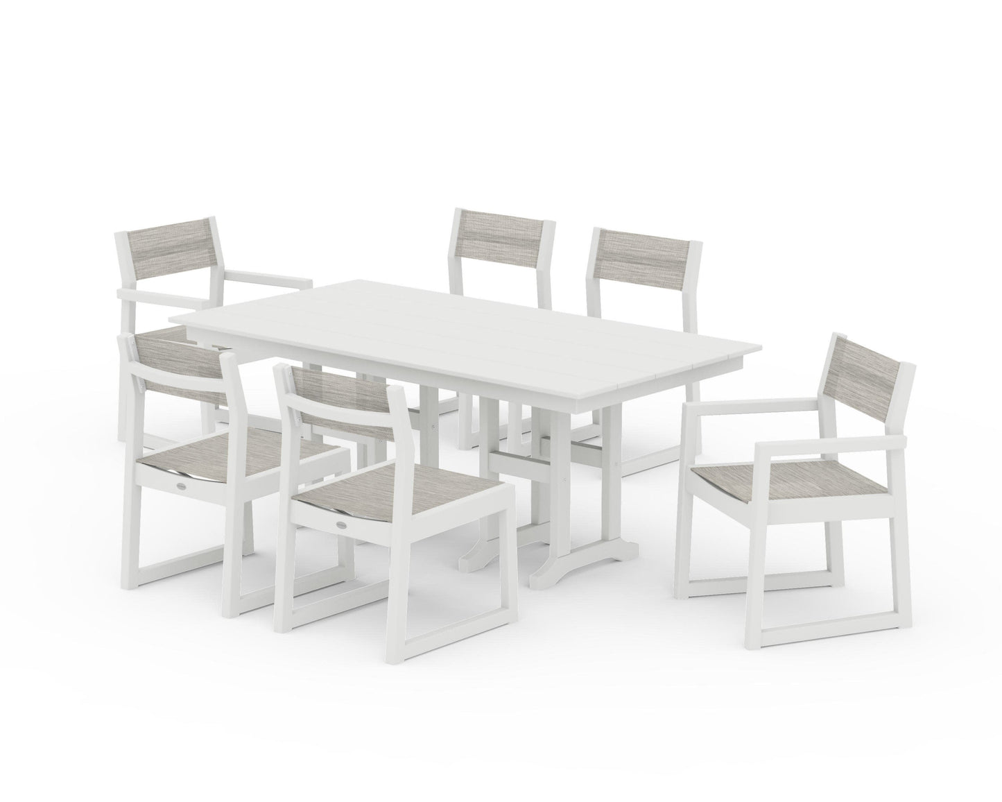 POLYWOOD EDGE Sling 7-Piece Farmhouse Dining Set — Vintage White / Birch Sling