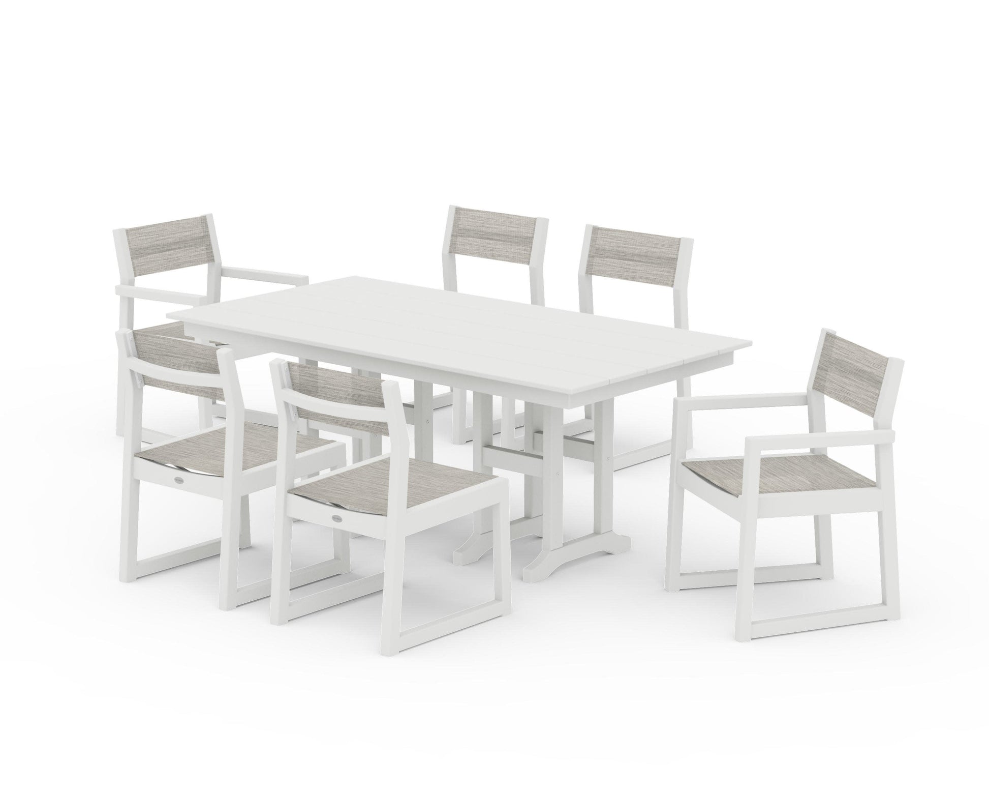 POLYWOOD EDGE Sling 7-Piece Farmhouse Dining Set — Vintage White / Birch Sling
