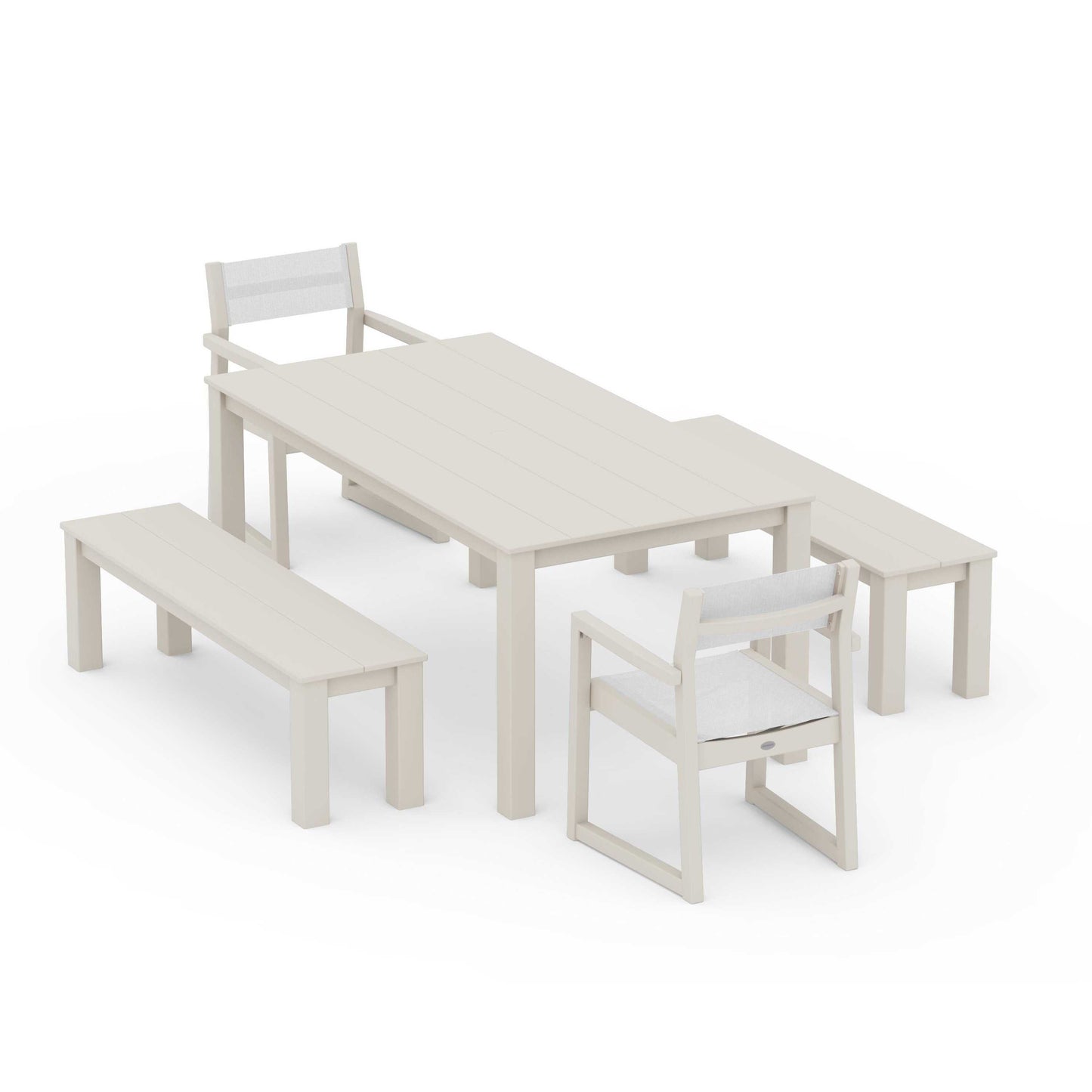 POLYWOOD EDGE Sling Arm Chair 5-Piece Parsons Dining Set with Benches — Sand / White Sling