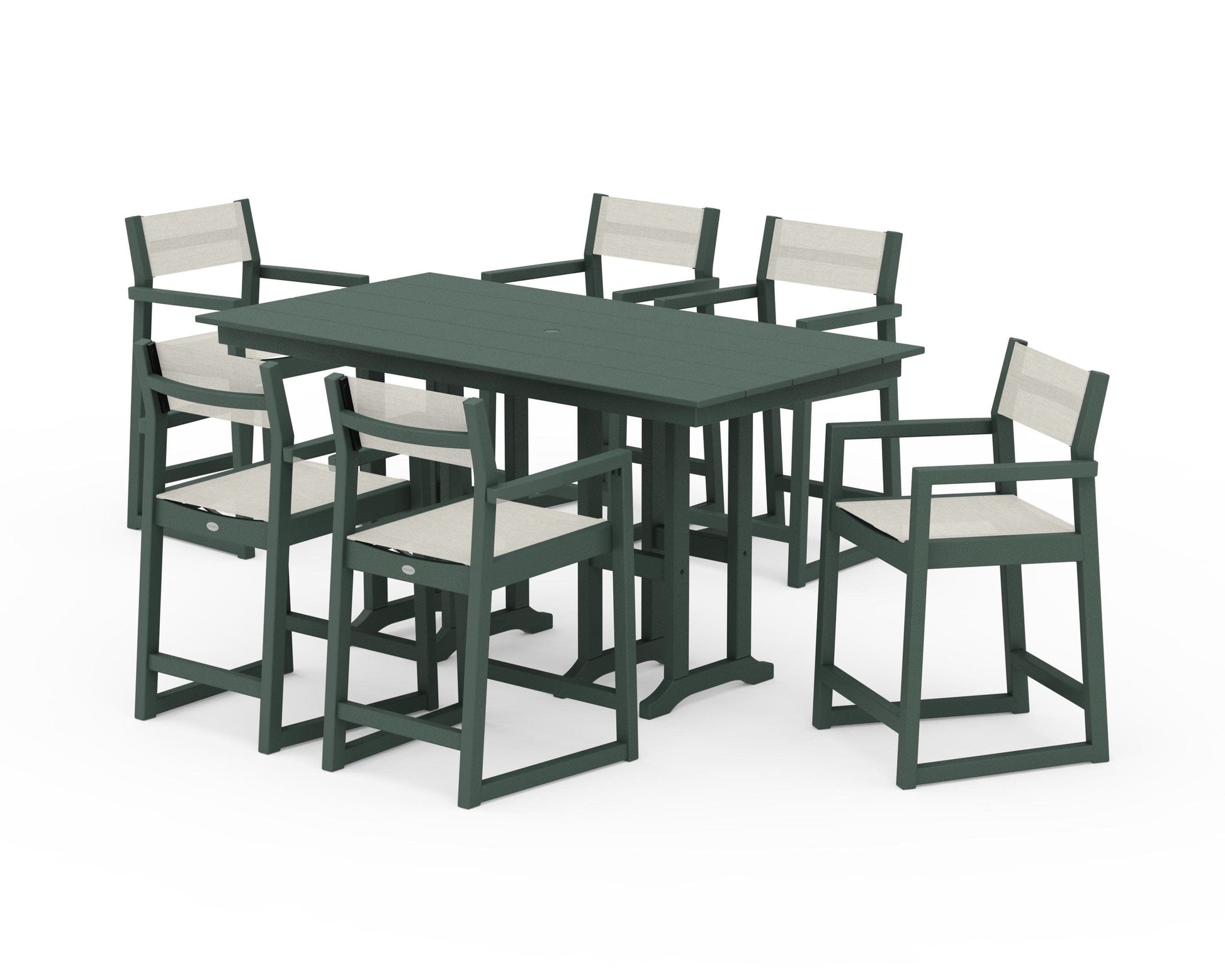 POLYWOOD EDGE Sling Arm Chair 7-Piece Farmhouse Counter Set — Green / Parchment Sling