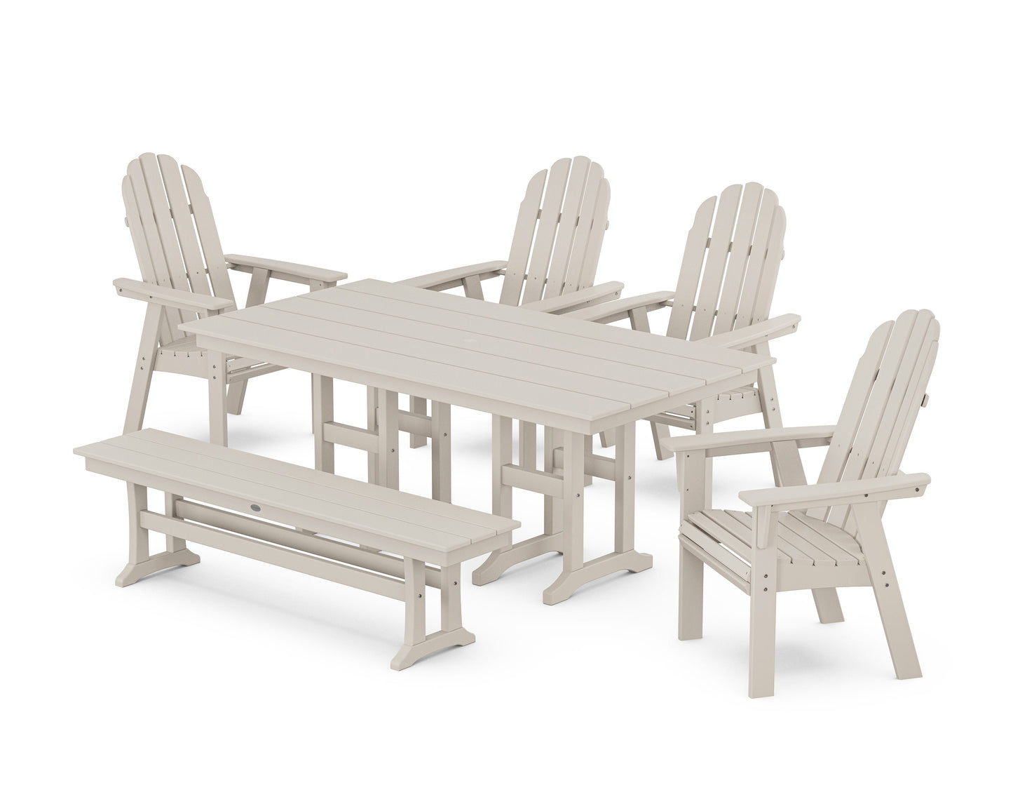 POLYWOOD Vineyard Curveback Adirondack Chair 6-Piece Farmhouse Dining Set with Bench — Sand