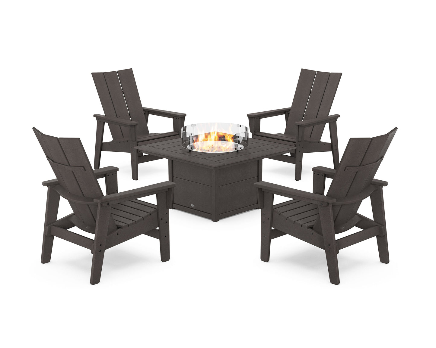 POLYWOOD 5-Piece Modern Grand Upright Adirondack Conversation Set with Fire Pit Table — Vintage Coffee