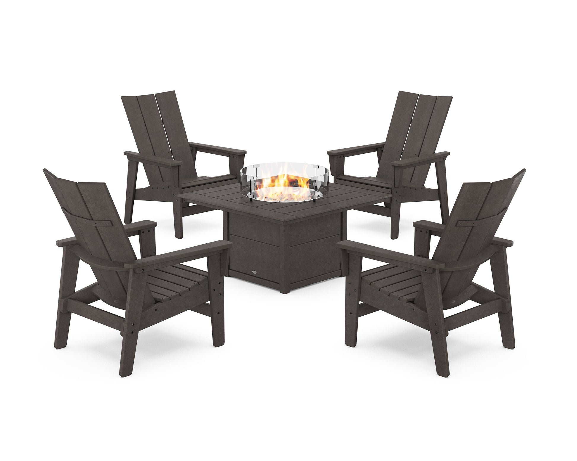 POLYWOOD 5-Piece Modern Grand Upright Adirondack Conversation Set with Fire Pit Table — Vintage Coffee