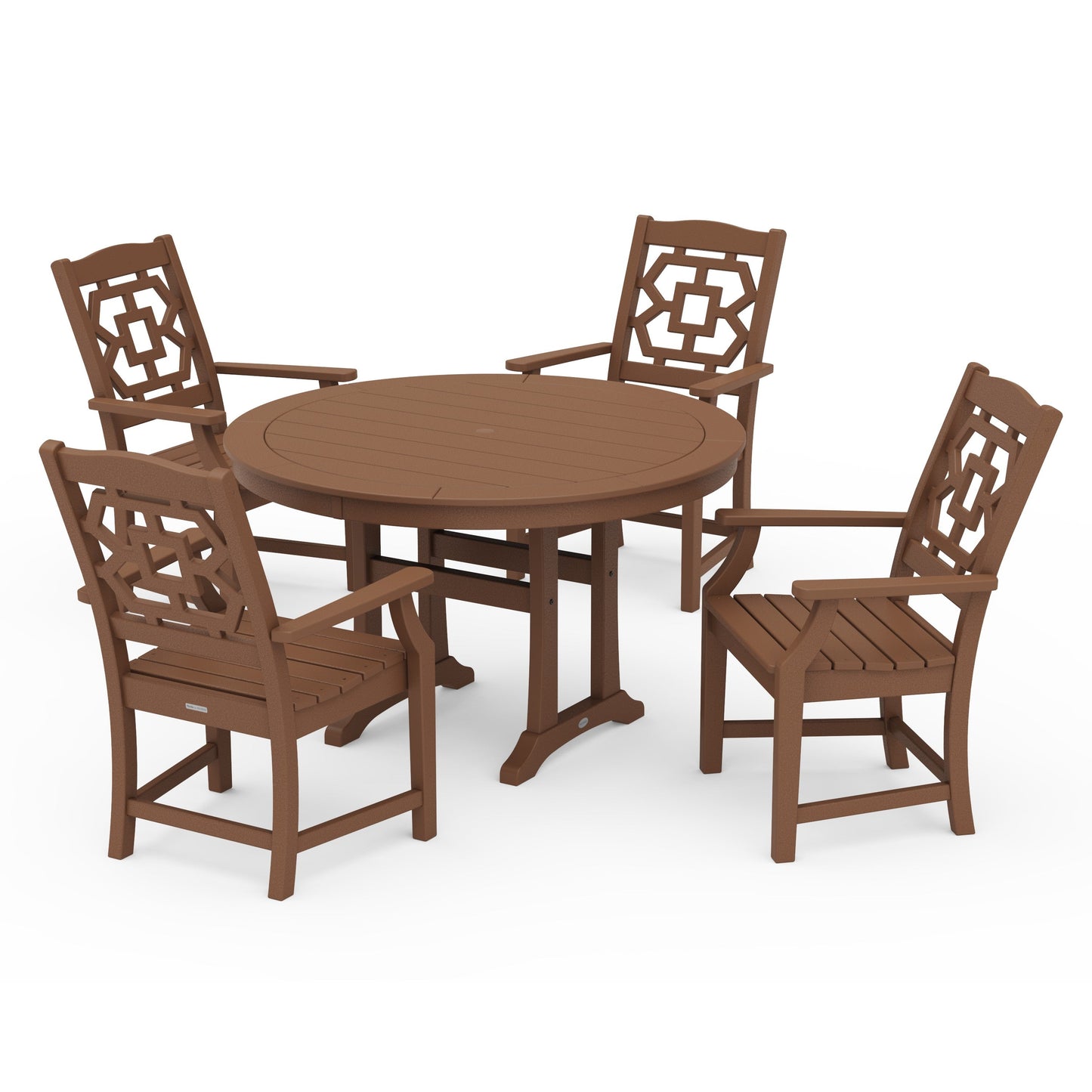 POLYWOOD Chinoiserie 5-Piece Round Dining Set with Trestle Legs — Teak