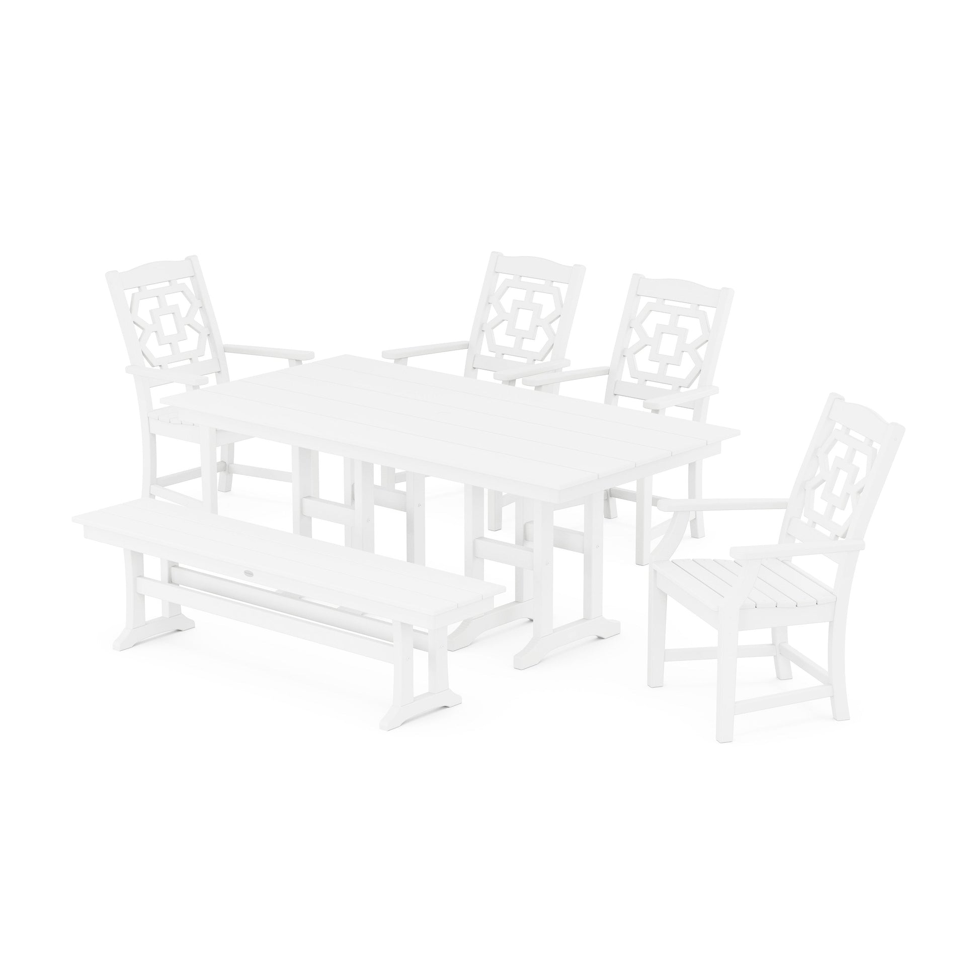 POLYWOOD Chinoiserie 6-Piece Farmhouse Dining Set with Bench — White