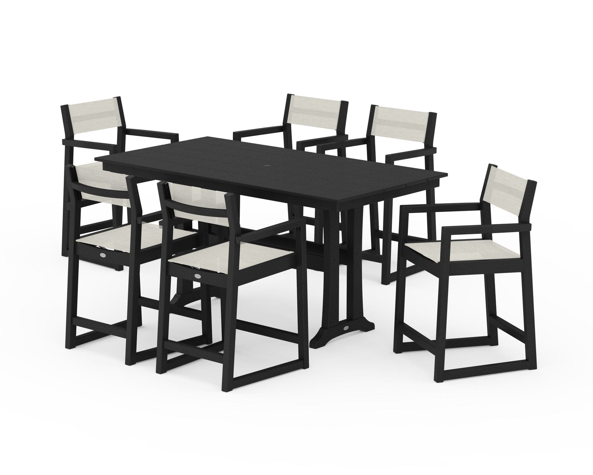 POLYWOOD EDGE Sling Arm Chair 7-Piece Farmhouse Counter Set with Trestle Legs — Black / Parchment Sling