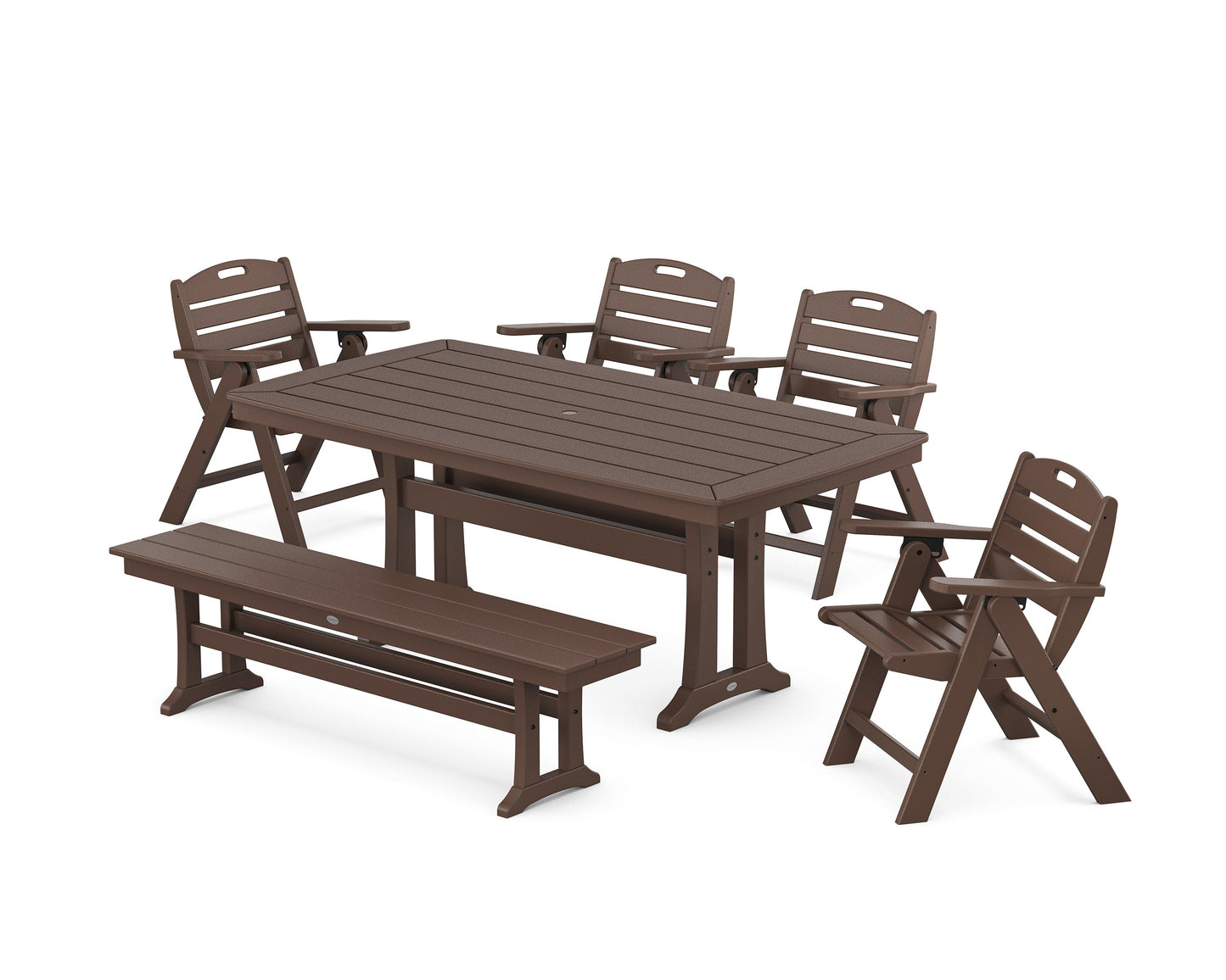 POLYWOOD Nautical Lowback 6-Piece Dining Set with Trestle Legs and Bench — Mahogany