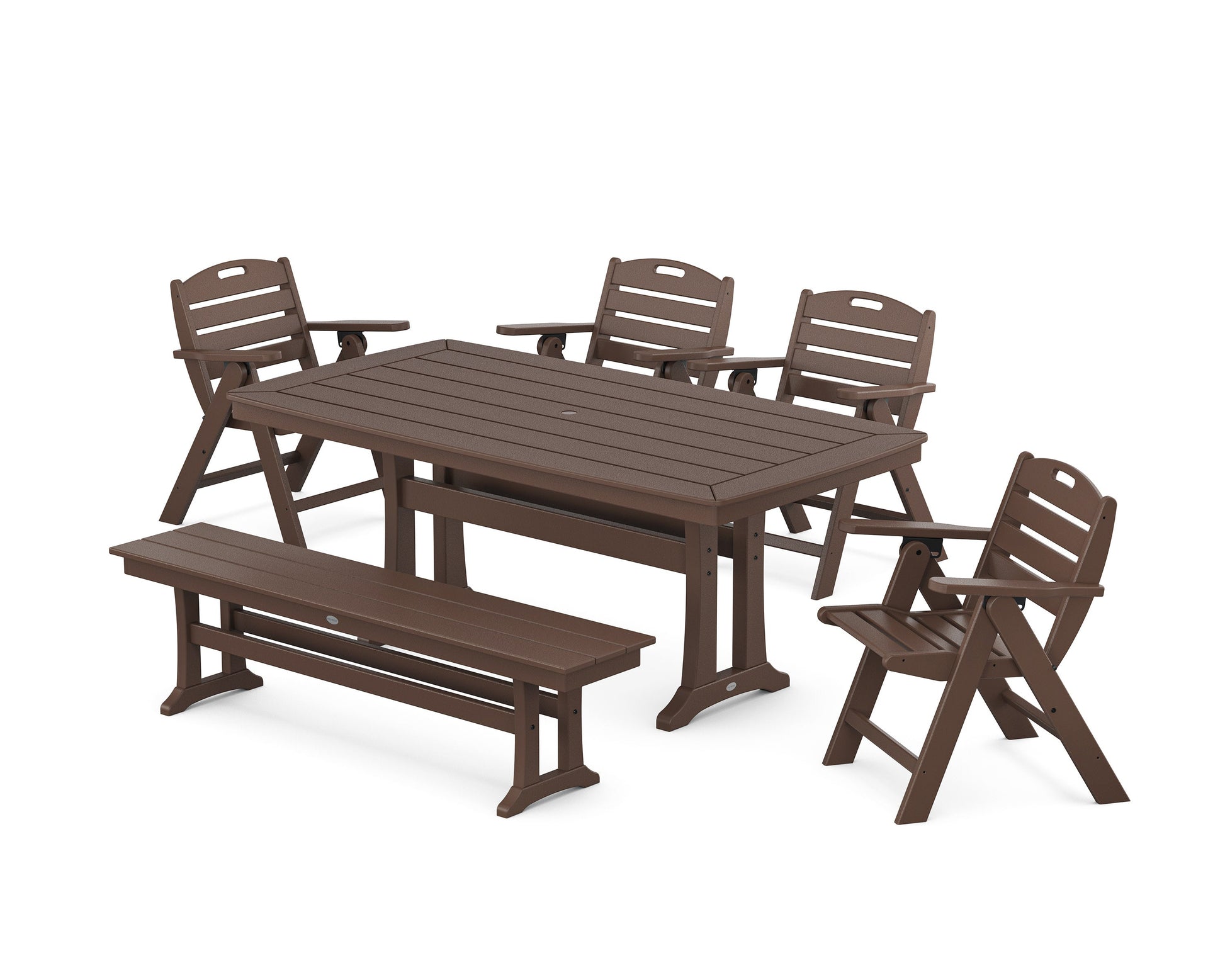 POLYWOOD Nautical Lowback 6-Piece Dining Set with Trestle Legs and Bench — Mahogany