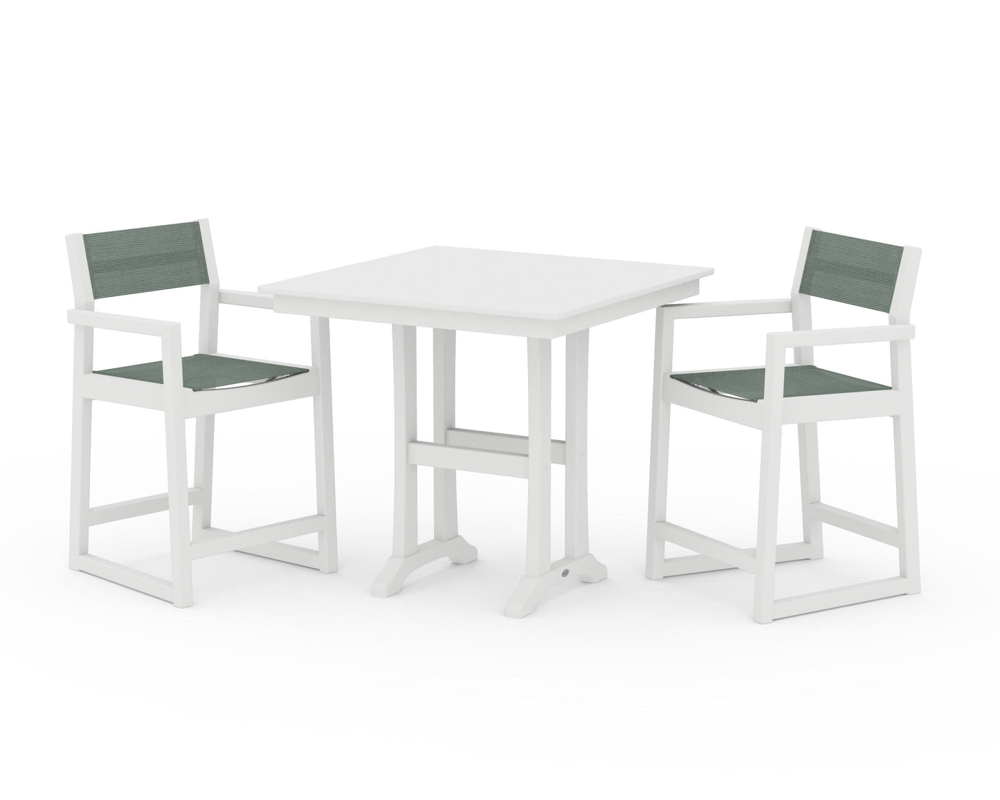 POLYWOOD EDGE Sling Arm Chair 3-Piece Farmhouse Counter Set with Trestle Legs — White / Dupioni Sea Mist Sling