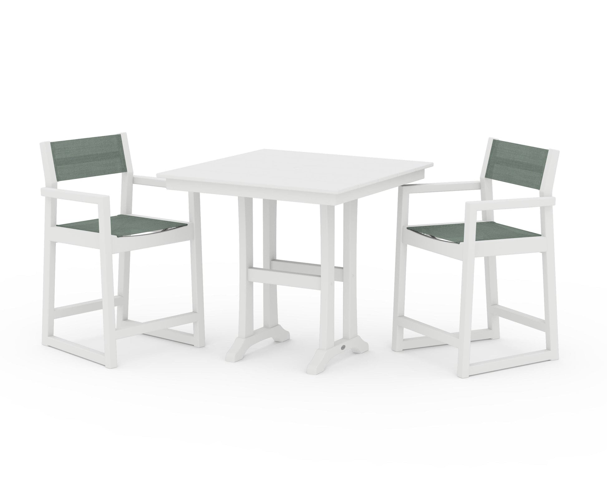 POLYWOOD EDGE Sling Arm Chair 3-Piece Farmhouse Counter Set with Trestle Legs — White / Dupioni Sea Mist Sling