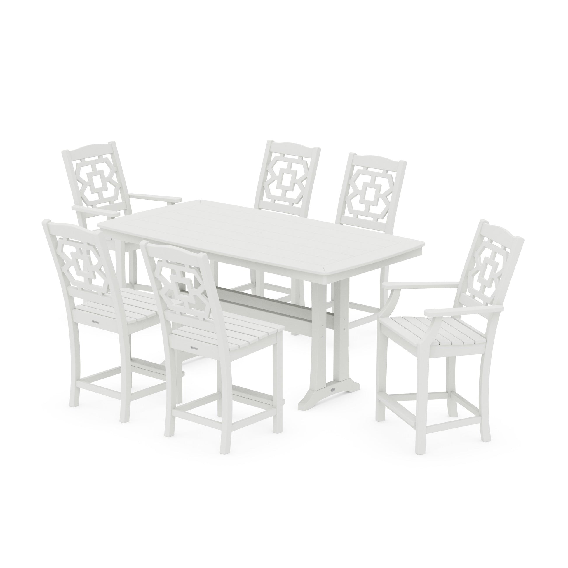 POLYWOOD Chinoiserie 7-Piece Counter Set with Trestle Legs — Vintage White