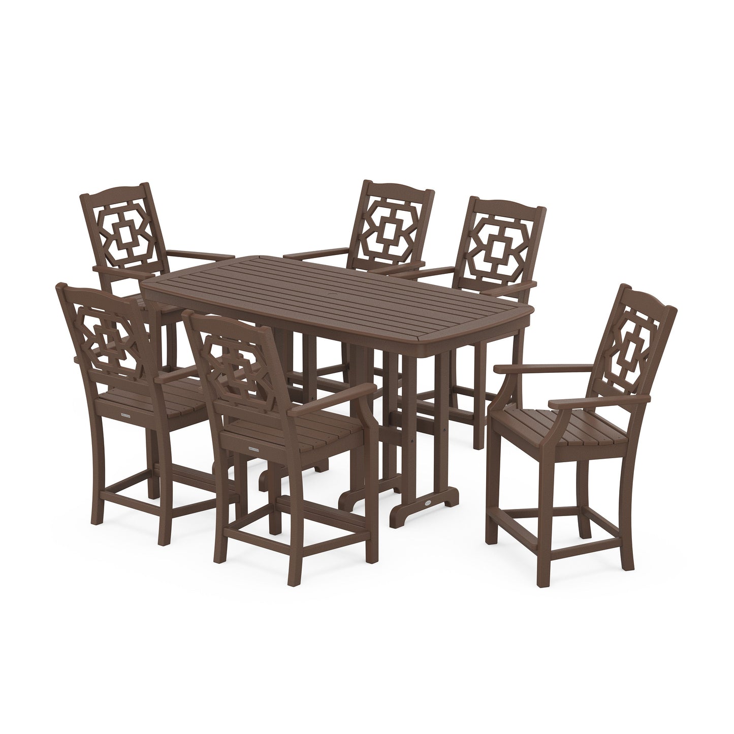 POLYWOOD Chinoiserie Arm Chair 7-Piece Counter Set — Mahogany
