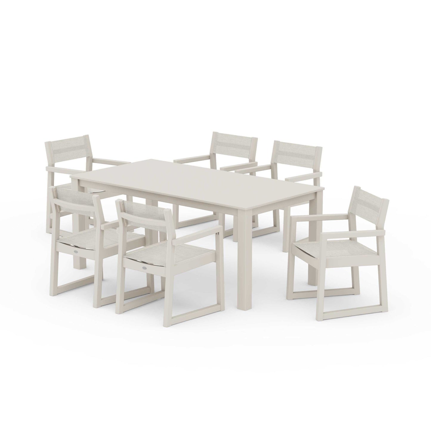 POLYWOOD EDGE Sling Arm Chair 7-Piece Parsons Dining Set — Sand / Parchment Sling