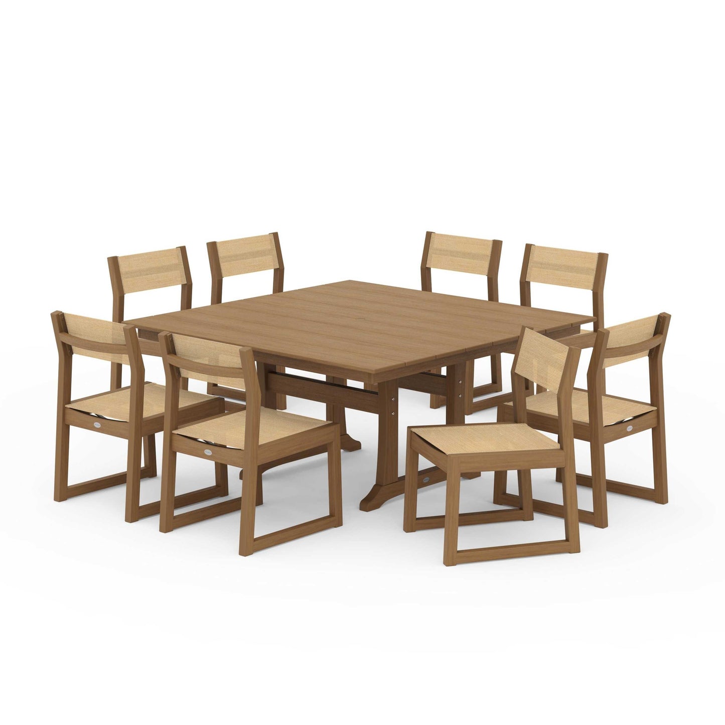 POLYWOOD EDGE Sling Side Chair 9-Piece Farmhouse Trestle Dining Set — Natural / Dupioni Apricot Sling