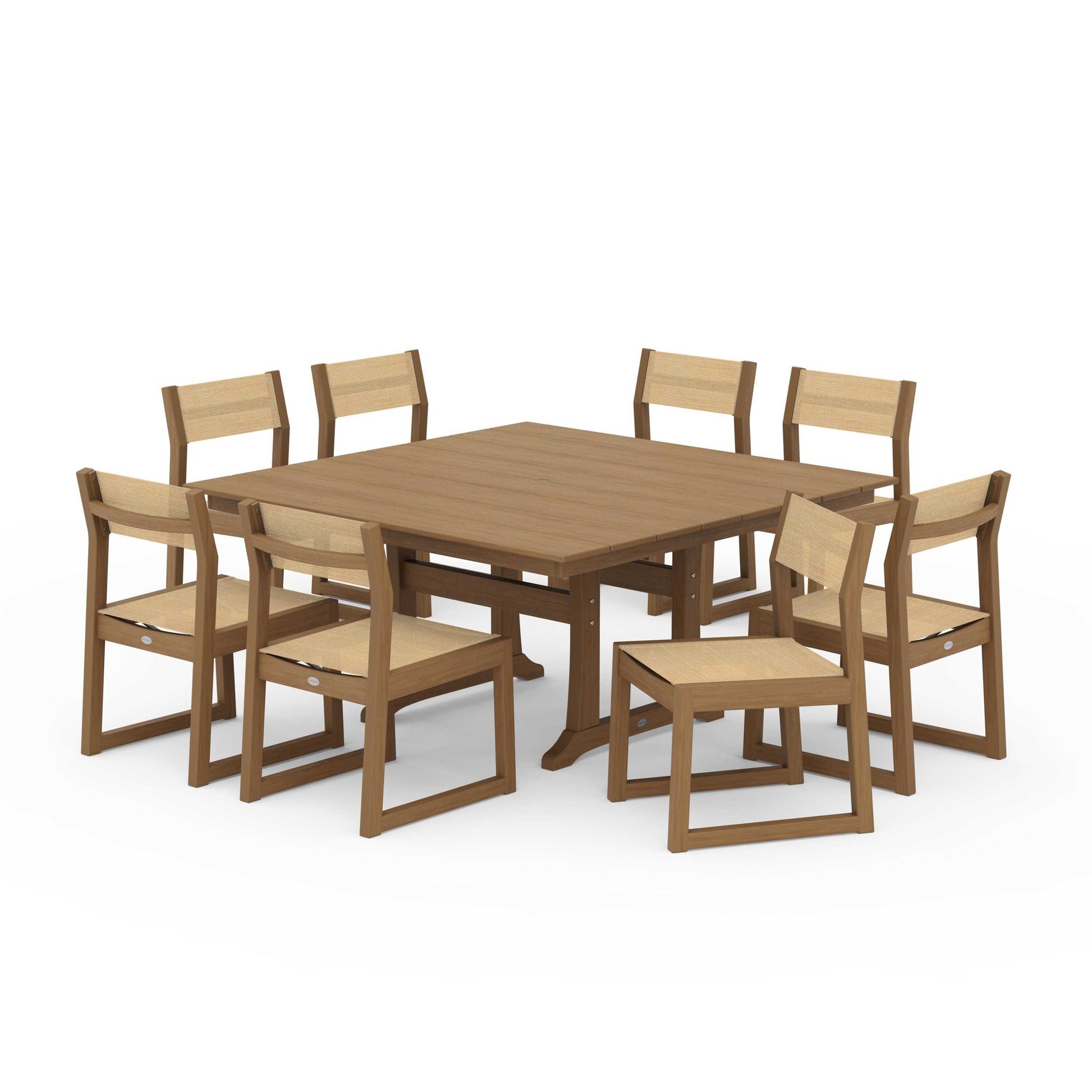 POLYWOOD EDGE Sling Side Chair 9-Piece Farmhouse Trestle Dining Set — Natural / Dupioni Apricot Sling