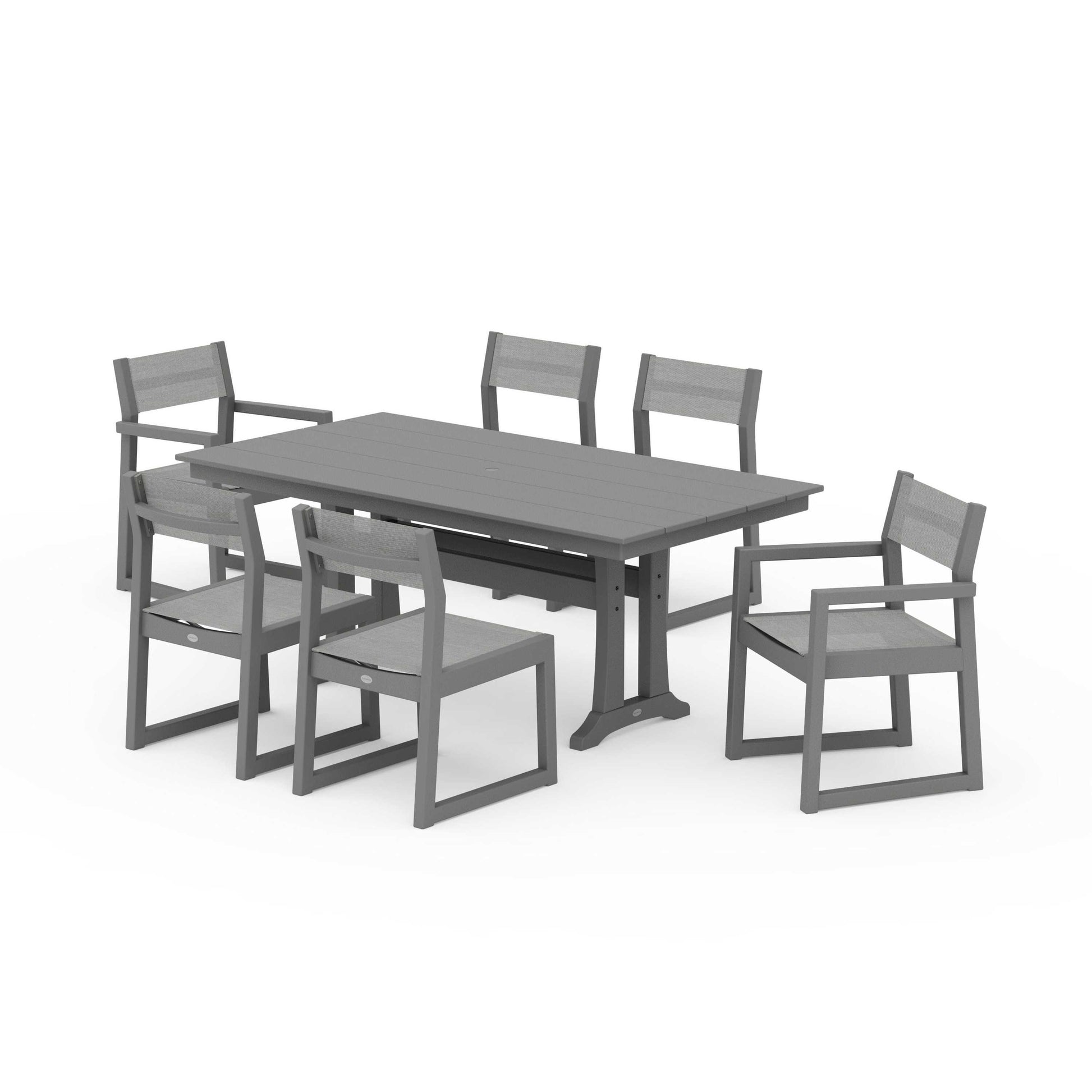 POLYWOOD EDGE Sling 7-Piece Farmhouse Trestle Dining Set — Slate Grey / Metallic Sling