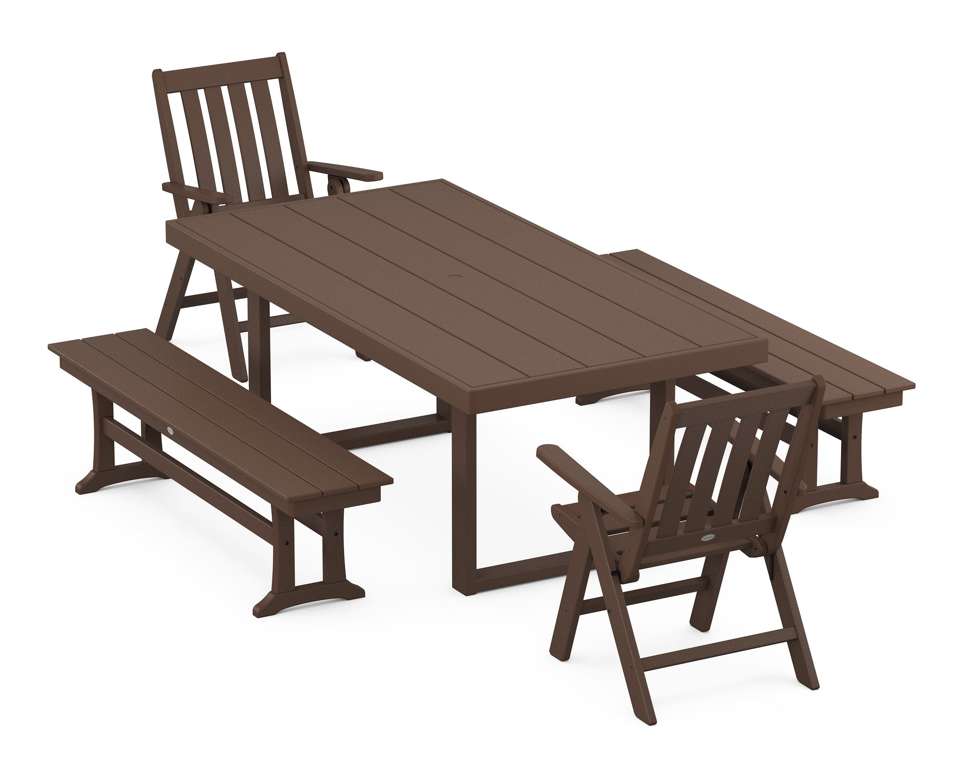 POLYWOOD Vineyard Folding Chair 5-Piece Dining Set with Benches — Mahogany